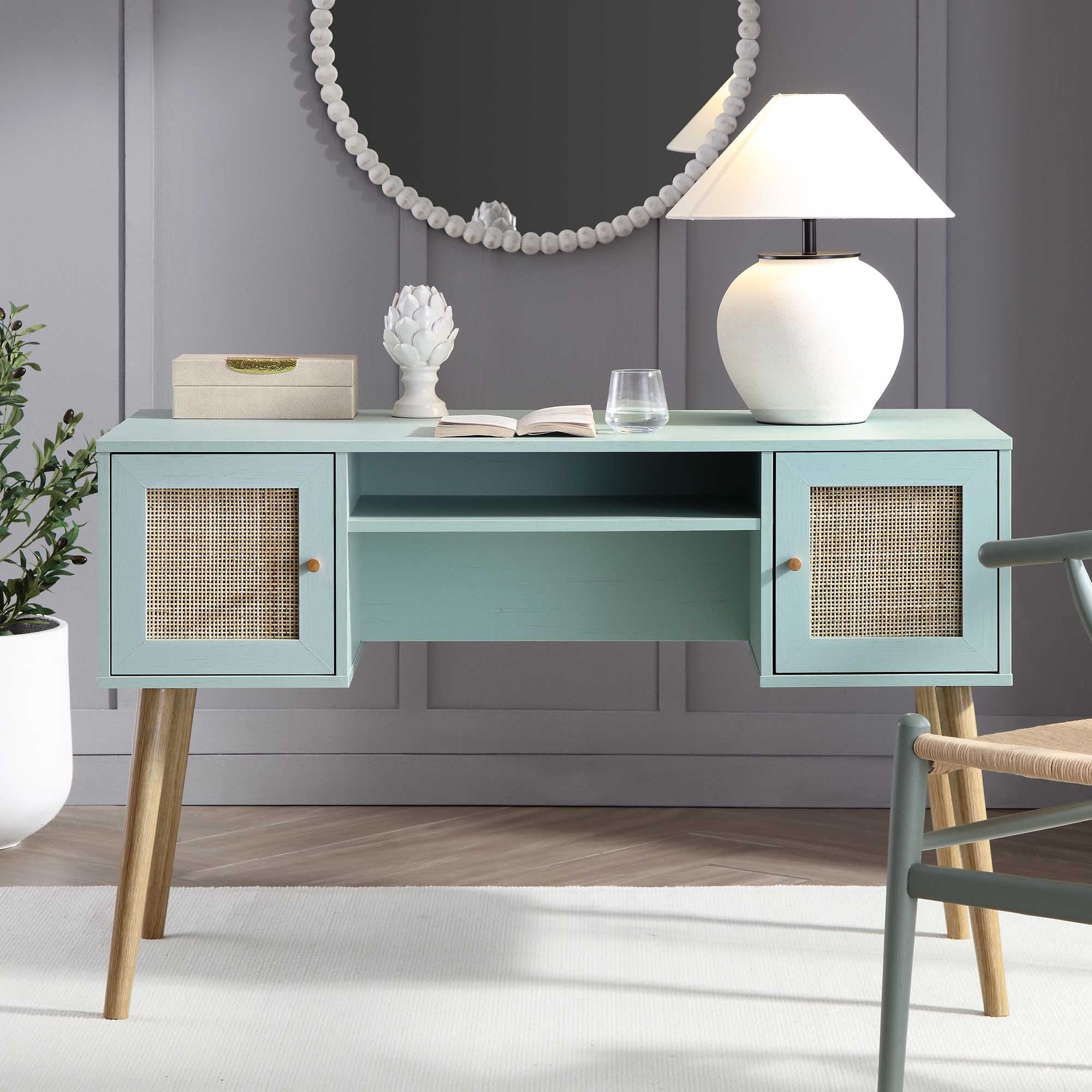 Frances Woven Rattan 2-Door Desk, Mint - Image 2