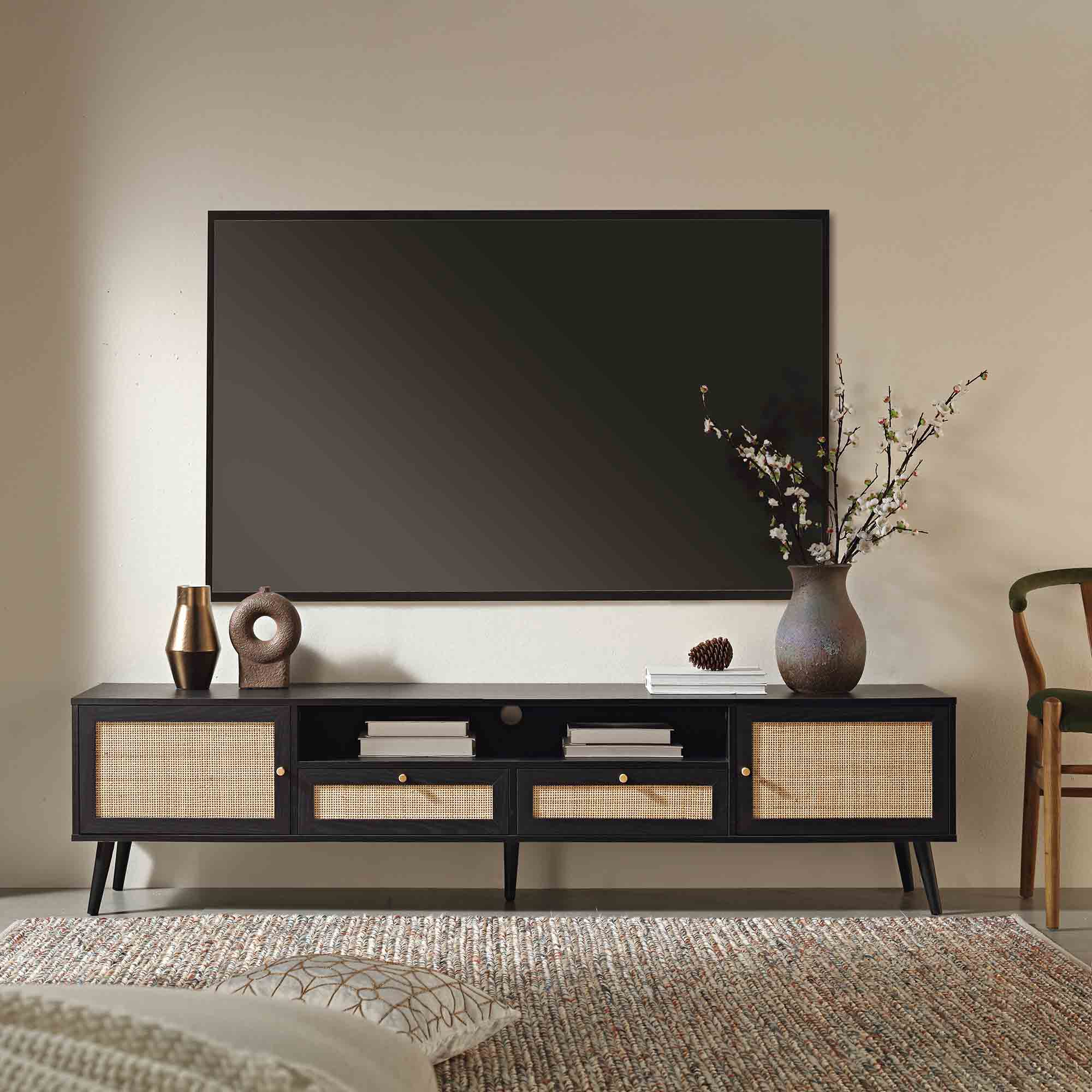Frances Woven Rattan 200cm Wide TV Unit, Black - Image 2