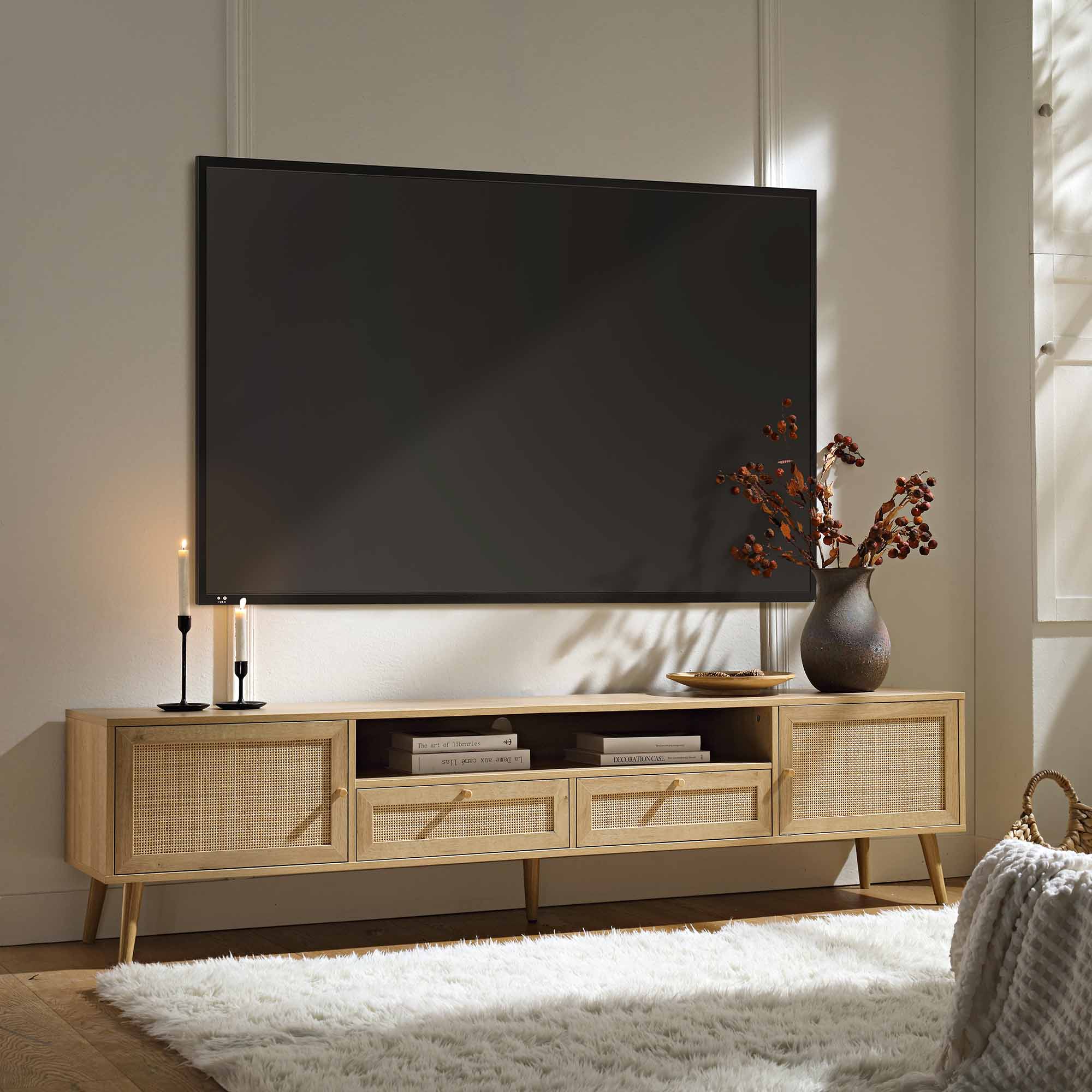 Frances Woven Rattan 200cm Wide TV Unit, Natural - Image 3