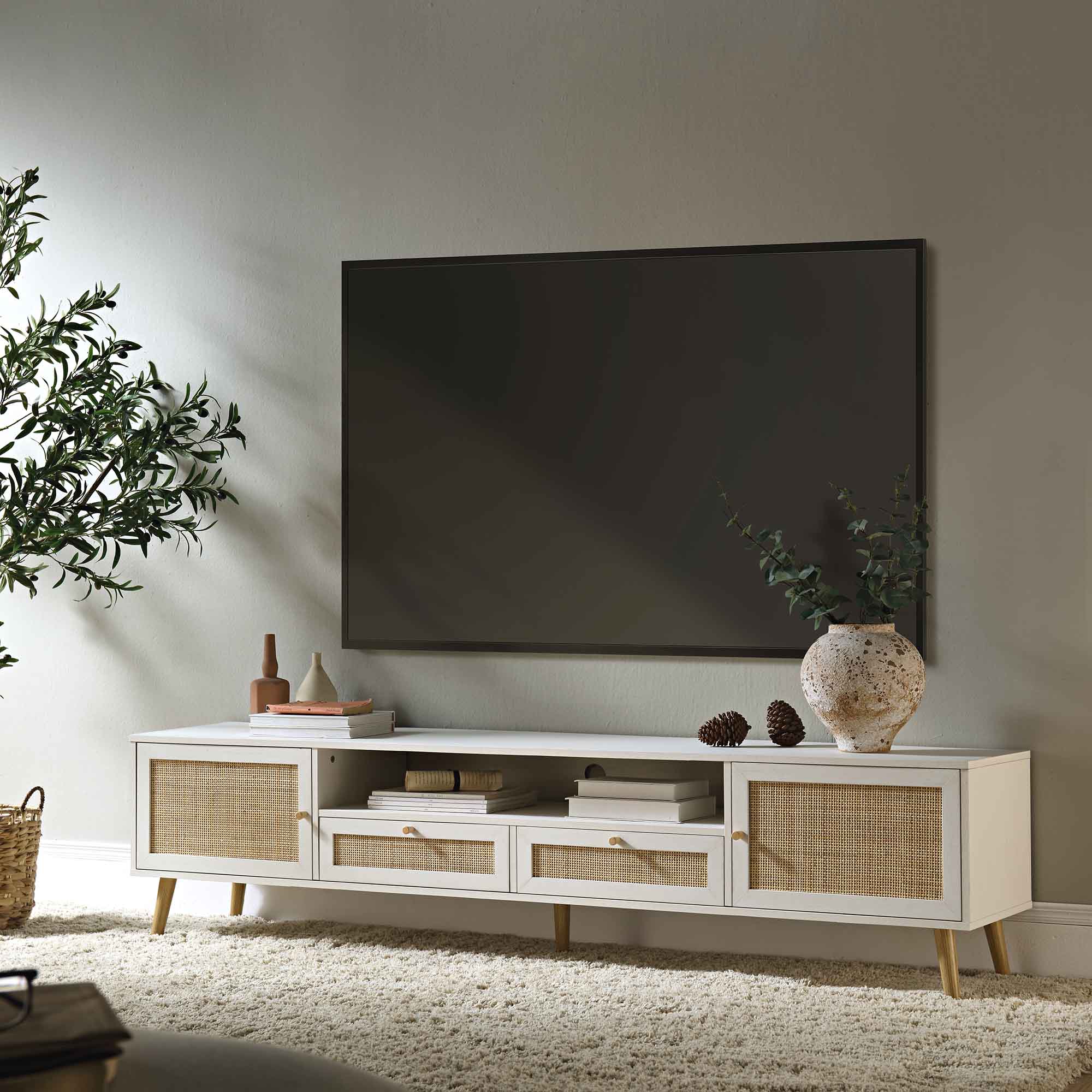 Frances Woven Rattan 200cm Wide TV Unit, White - Image 2