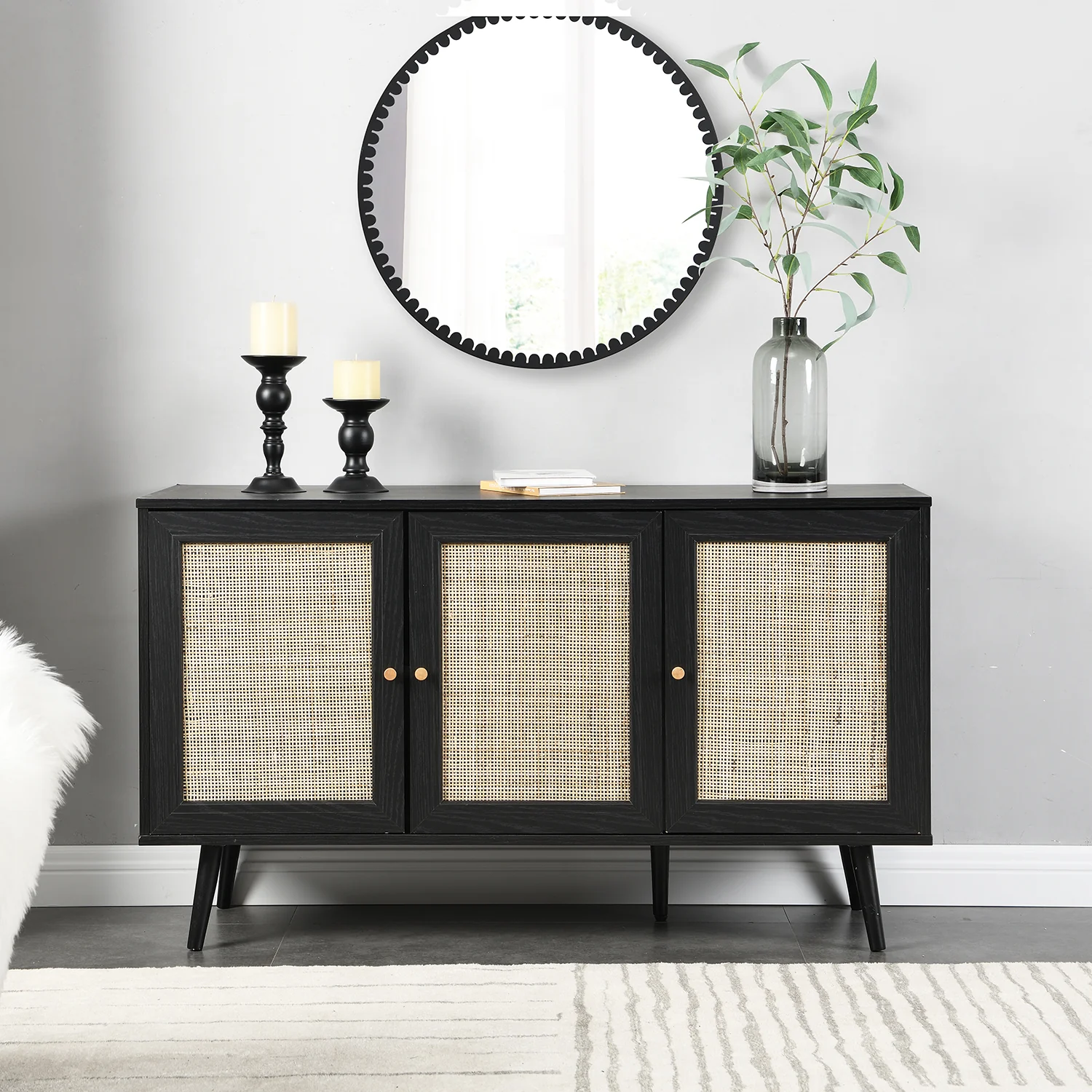 Frances Woven Rattan 3-Door Sideboard, Black - Image 2