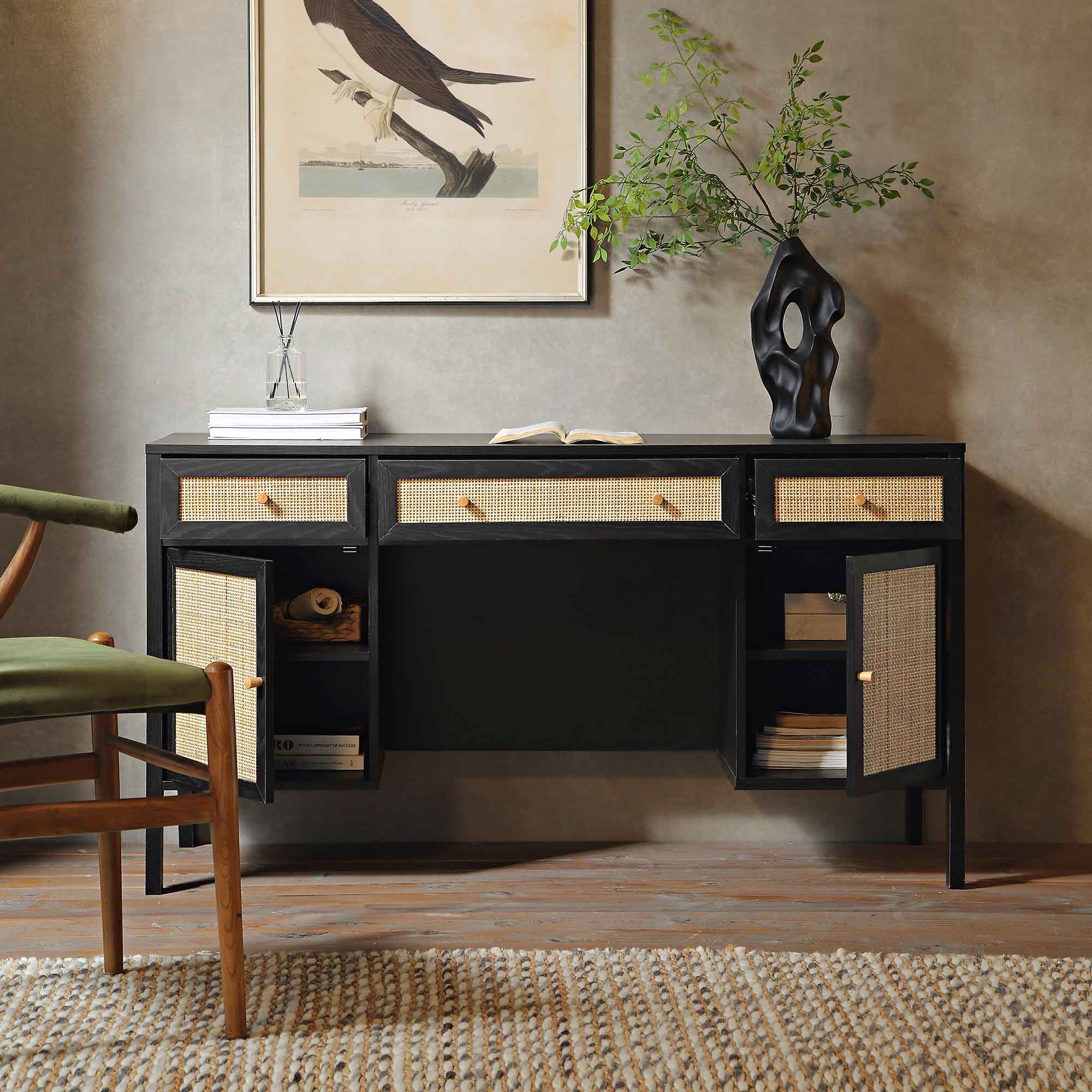 Frances Woven Rattan 3-Drawer Desk, Black - Image 3