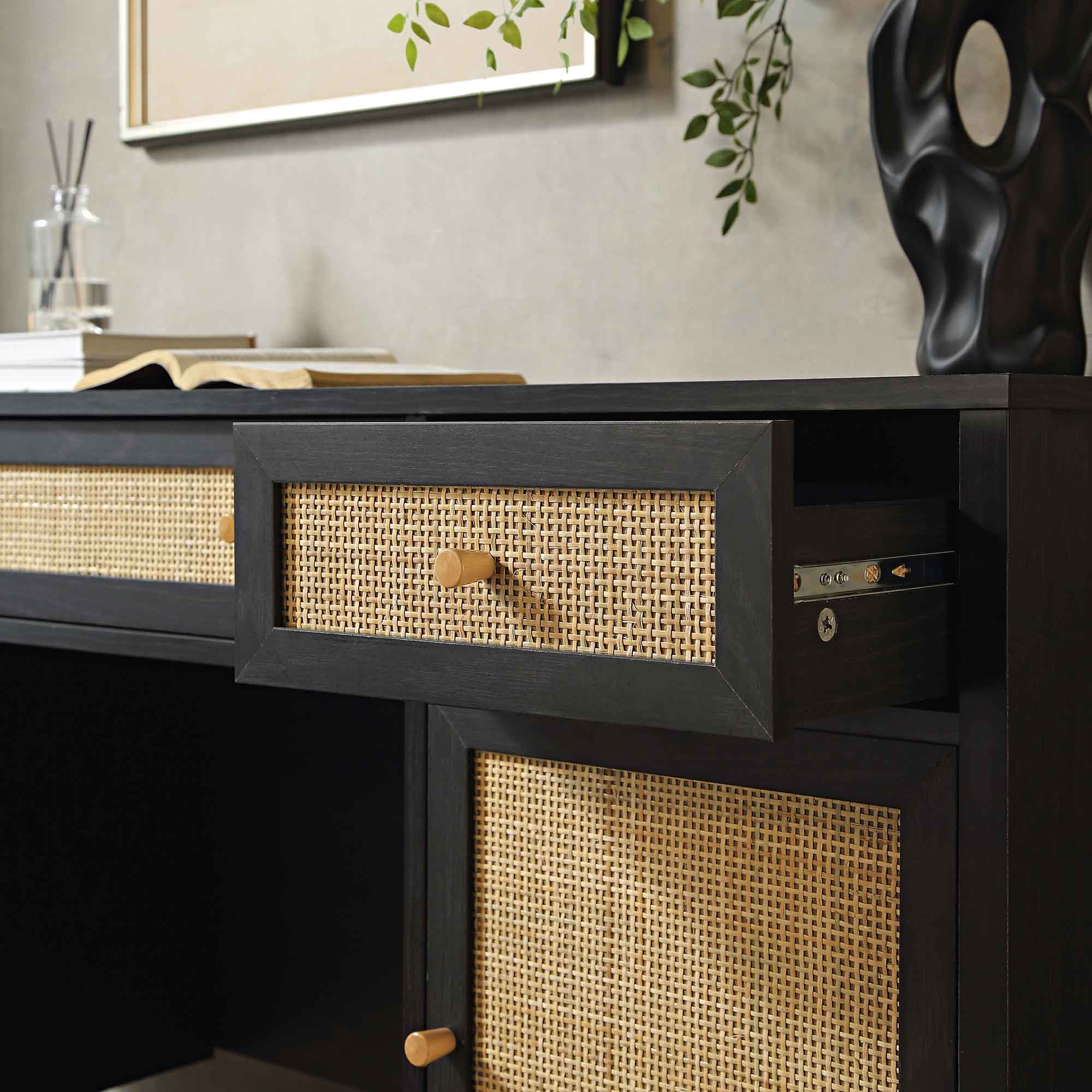 Frances Woven Rattan 3-Drawer Desk, Black - Image 5