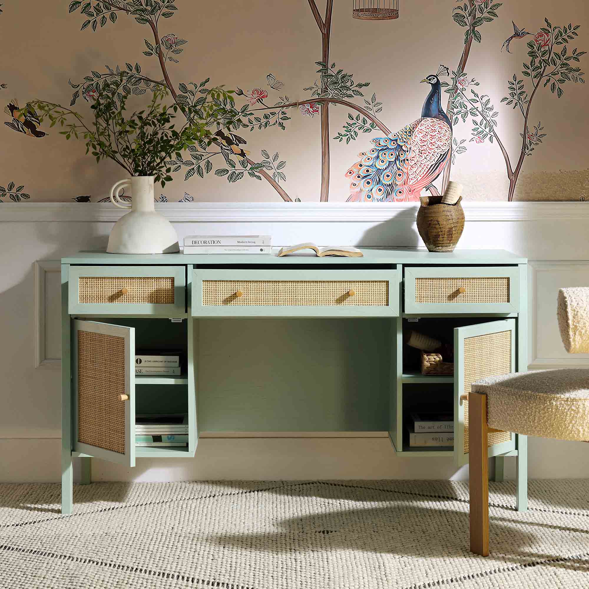 Frances Woven Rattan 3-Drawer Desk, Mint - Image 3