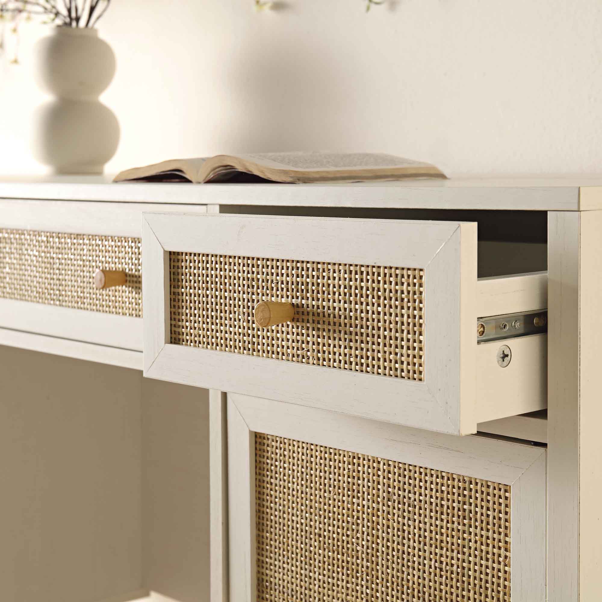 Frances Woven Rattan 3-Drawer Desk, White - Image 4