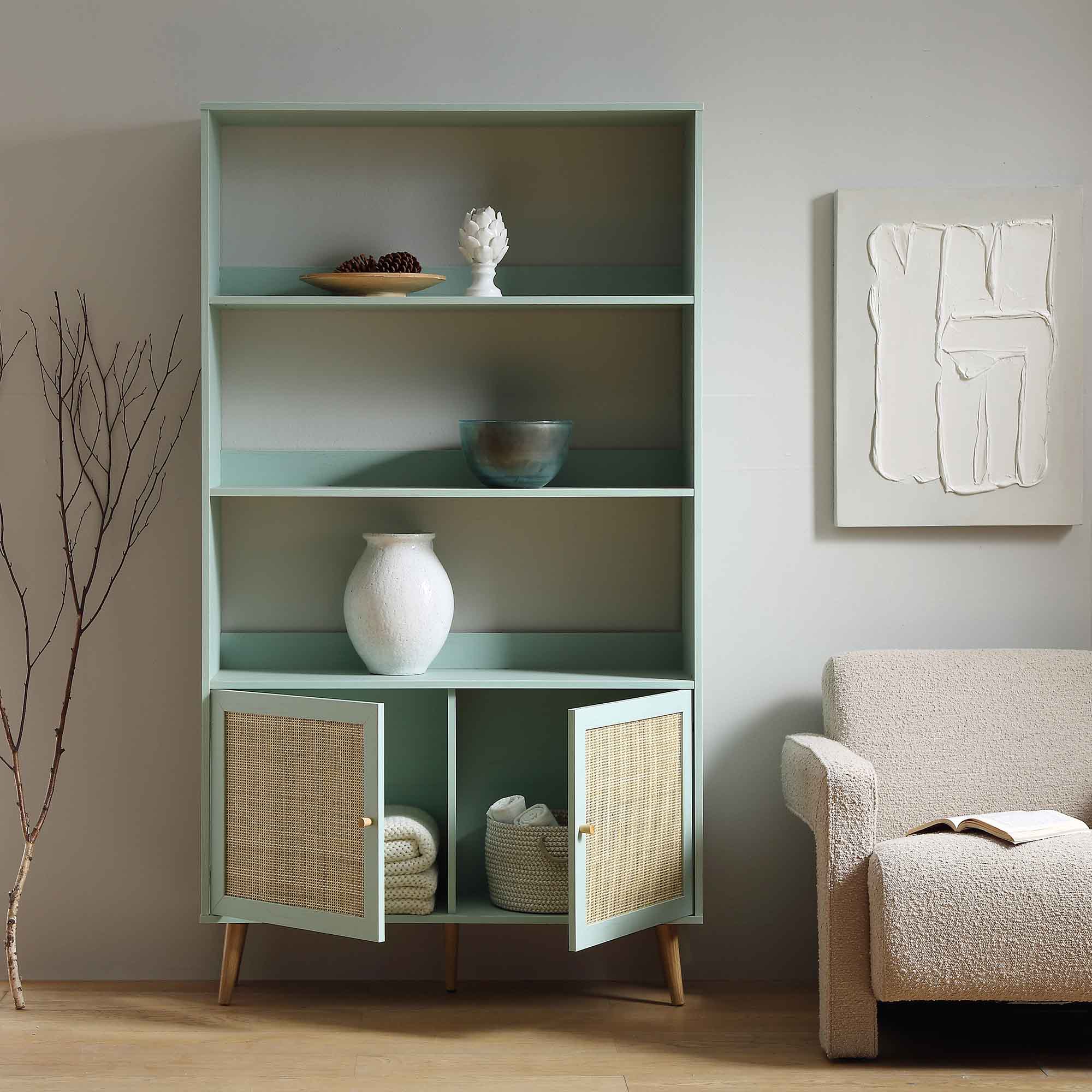 Frances Woven Rattan Bookcase with Doors, Mint - Image 2