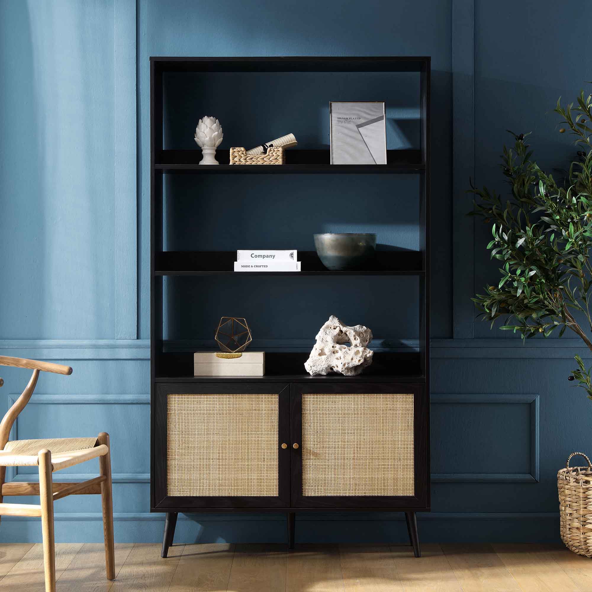 Frances Woven Rattan Bookcase with Doors, Black - Image 2