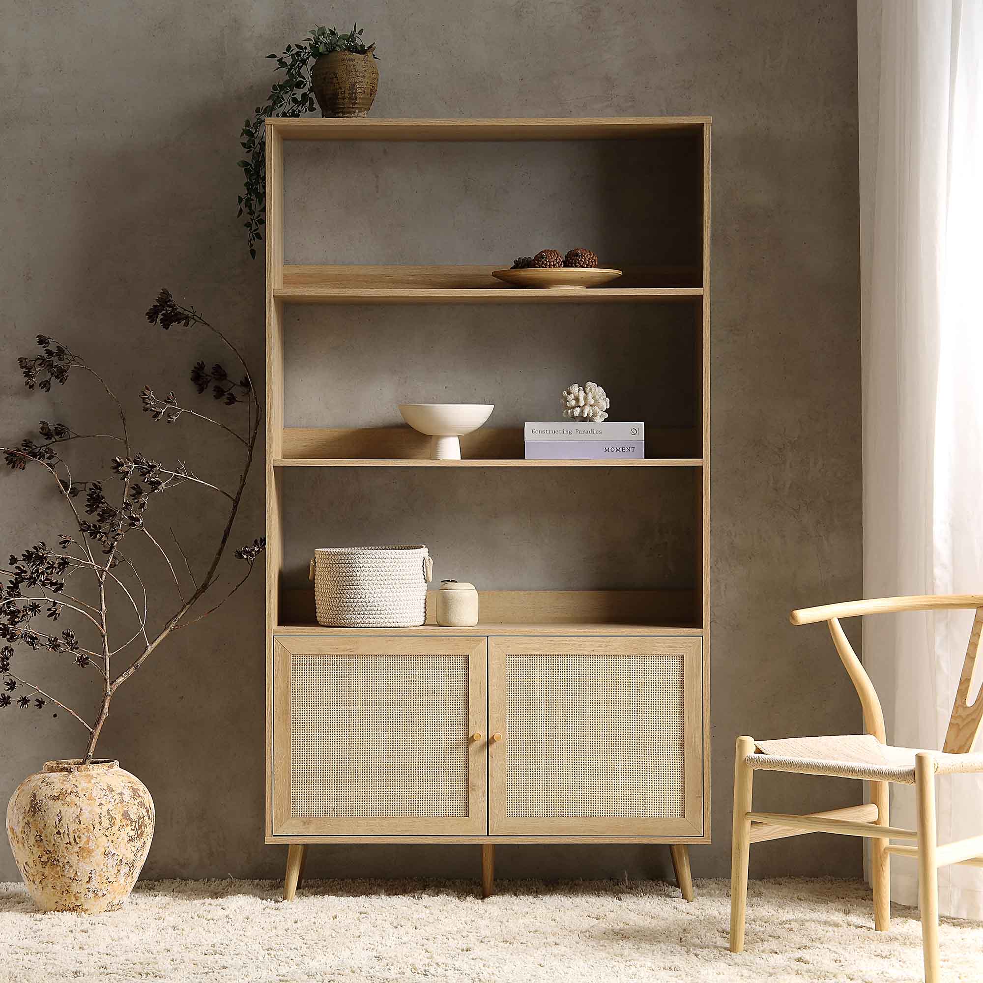 Frances Woven Rattan Tall Bookcase with Doors, Natural - Image 2