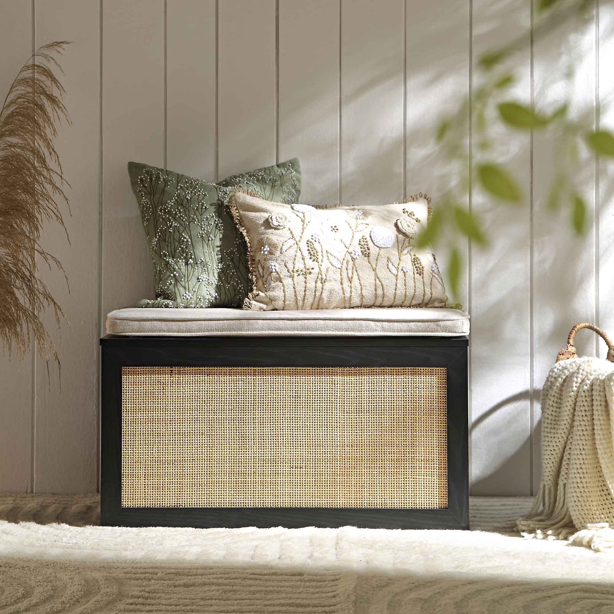 Frances Woven Rattan Double Storage Stool with Cushion, Black - Image 2