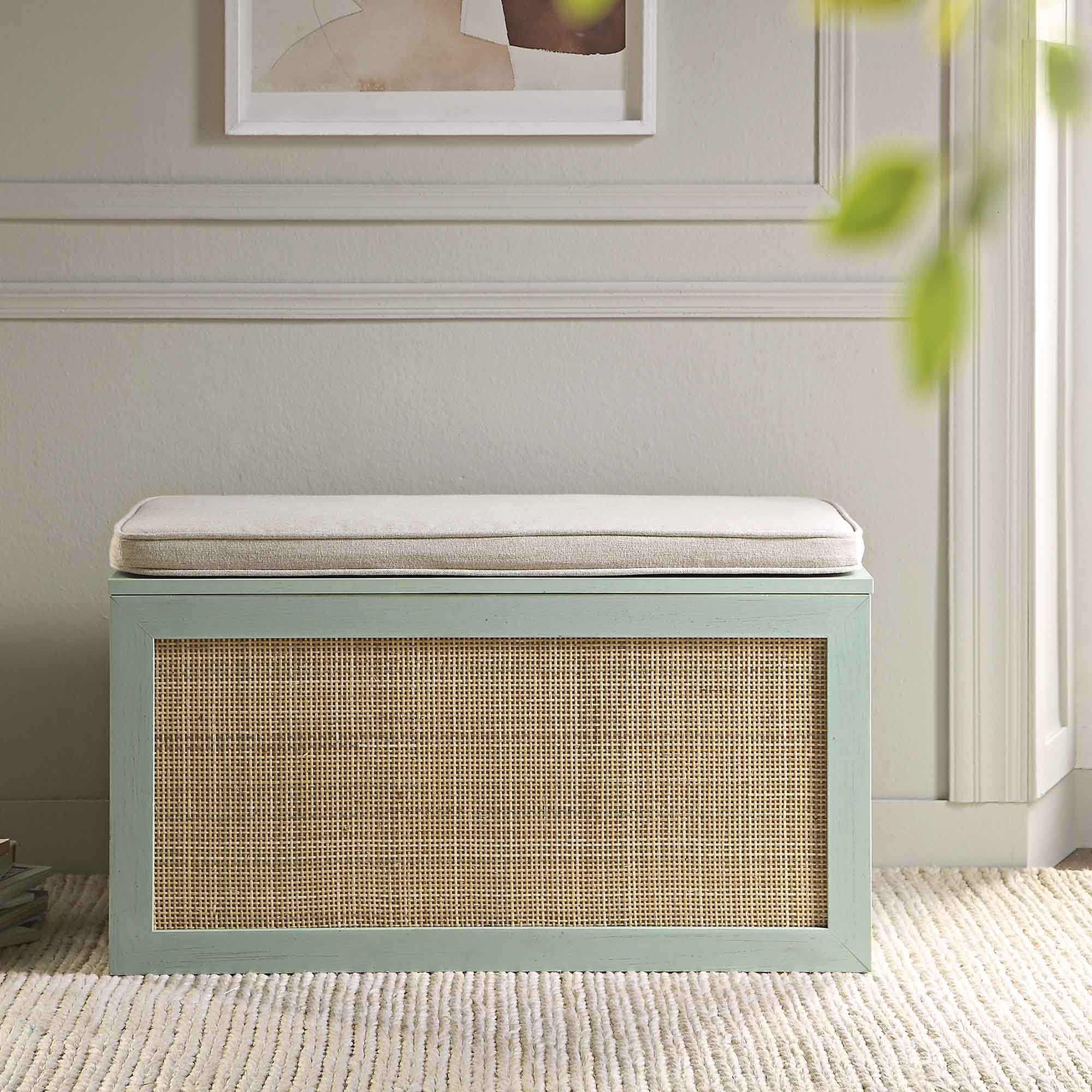Frances Woven Rattan Double Storage Stool with Cushion, Mint - Image 2