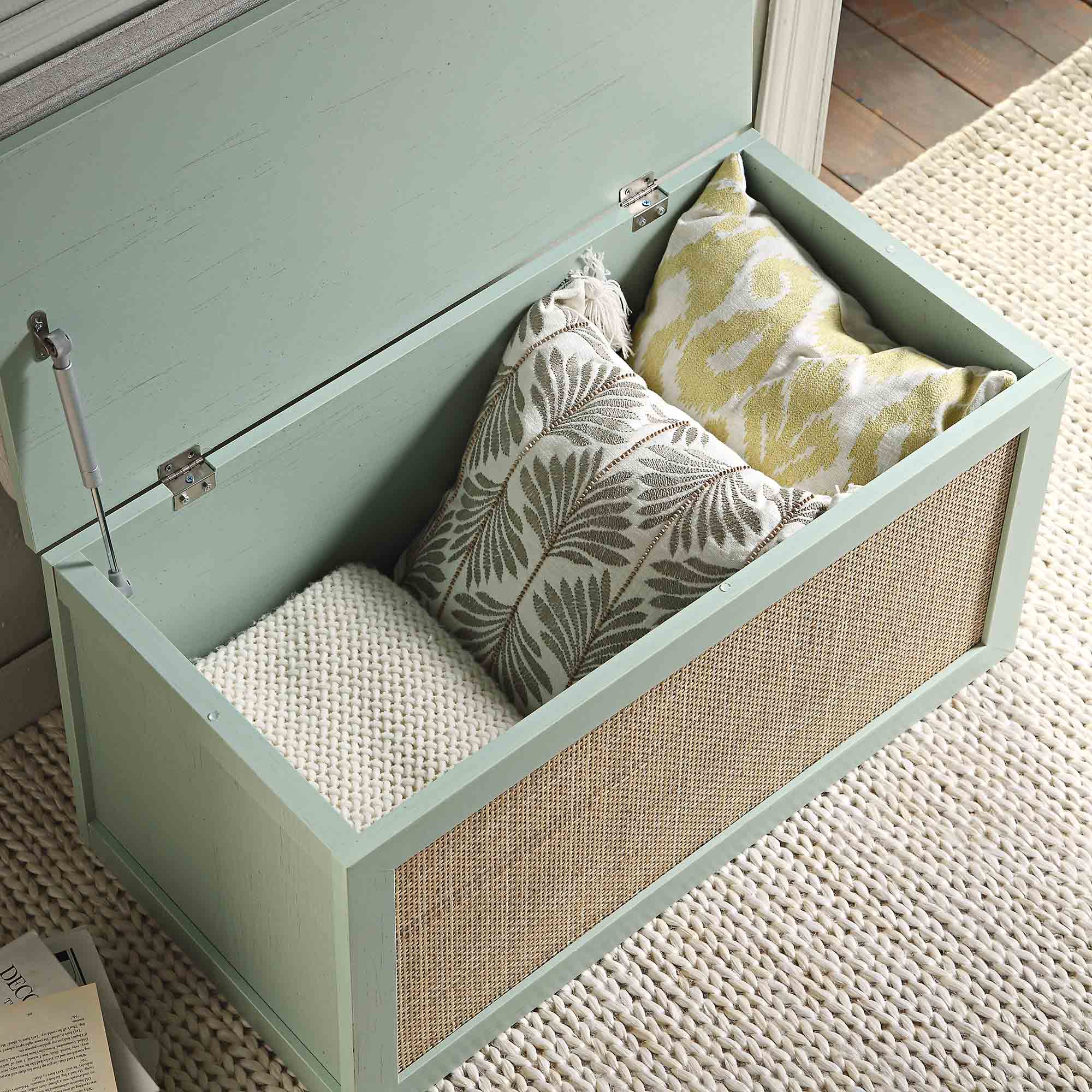 Frances Woven Rattan Double Storage Stool with Cushion, Mint - Image 3