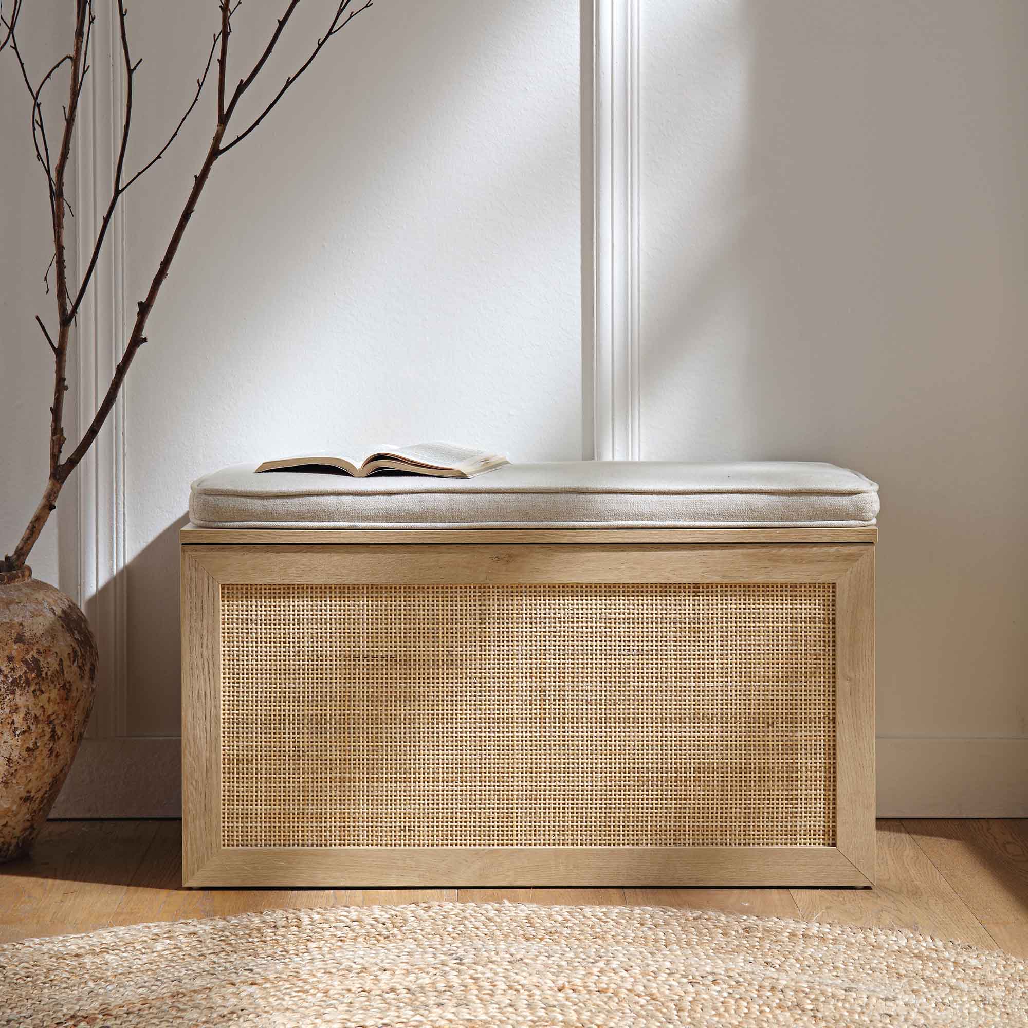 Frances Woven Rattan Double Storage Stool with Cushion, Natural - Image 2