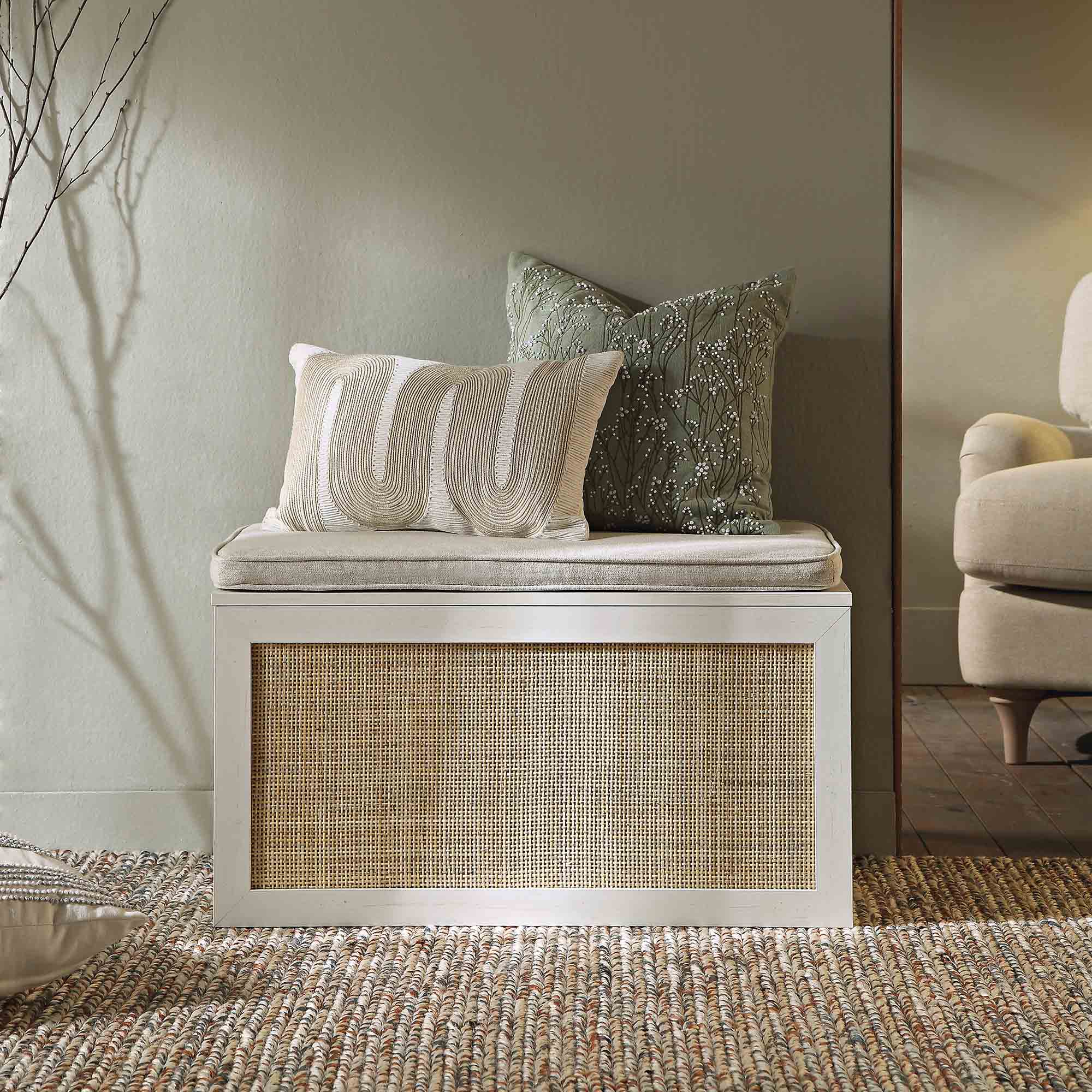 Frances Woven Rattan Double Storage Stool with Cushion, White - Image 2