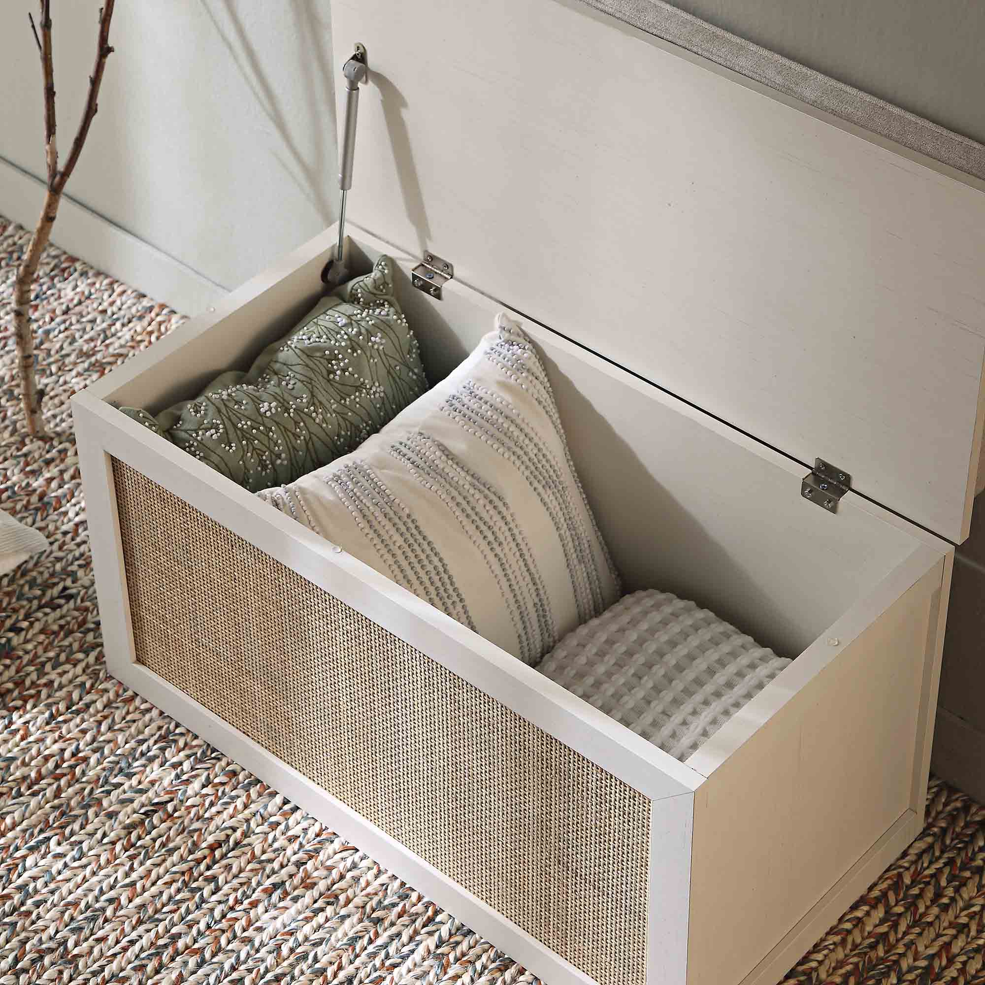 Frances Woven Rattan Double Storage Stool with Cushion, White - Image 3