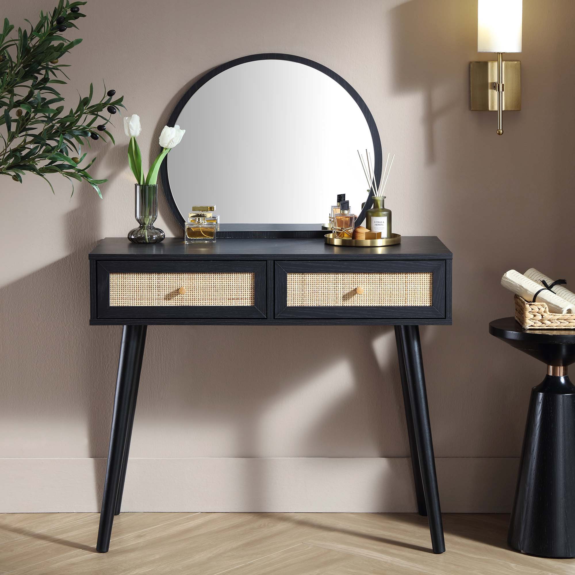 Frances Woven Rattan Dressing Table with Mirror, Black - Image 2