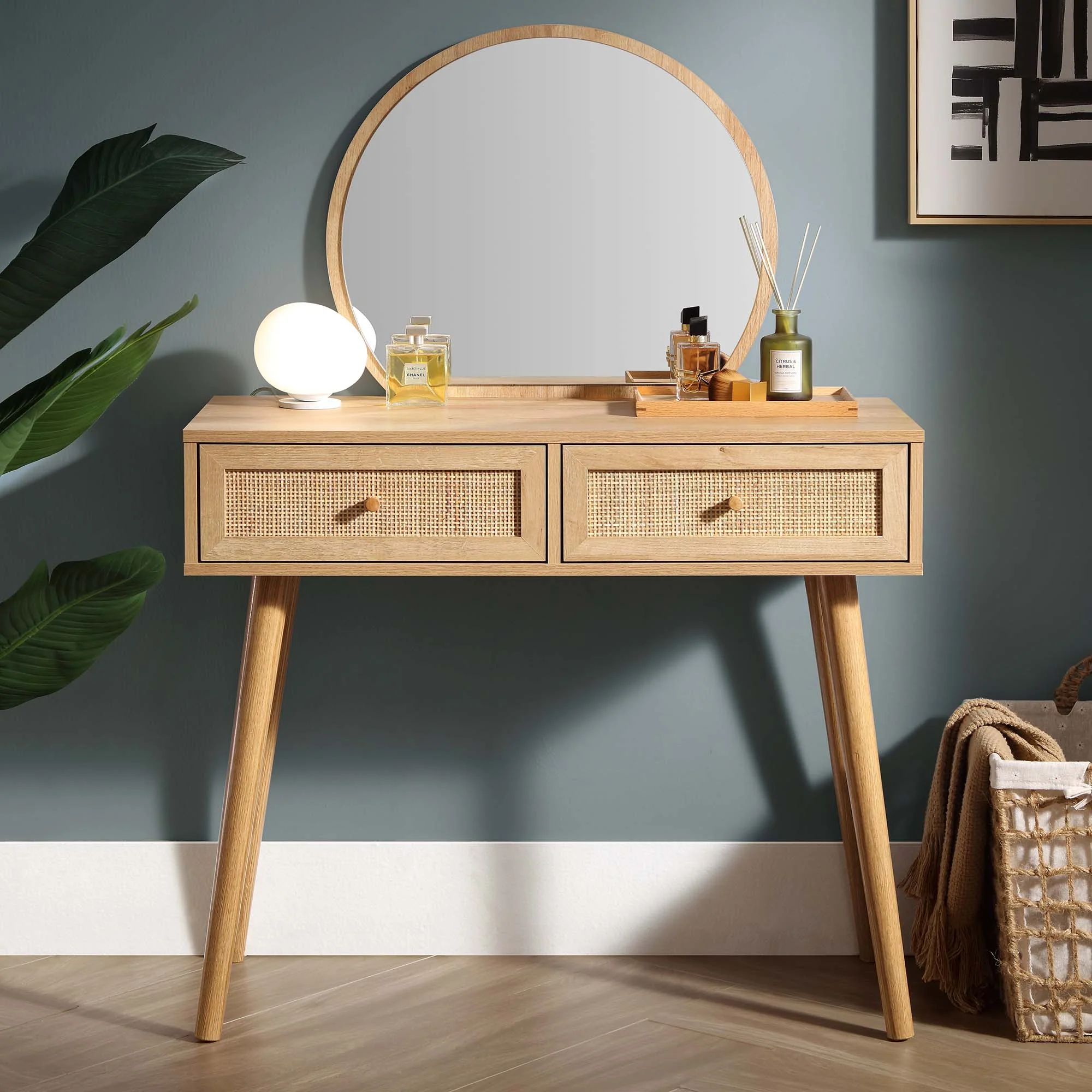 Frances Woven Rattan Dressing Table with Mirror, Natural - Image 2