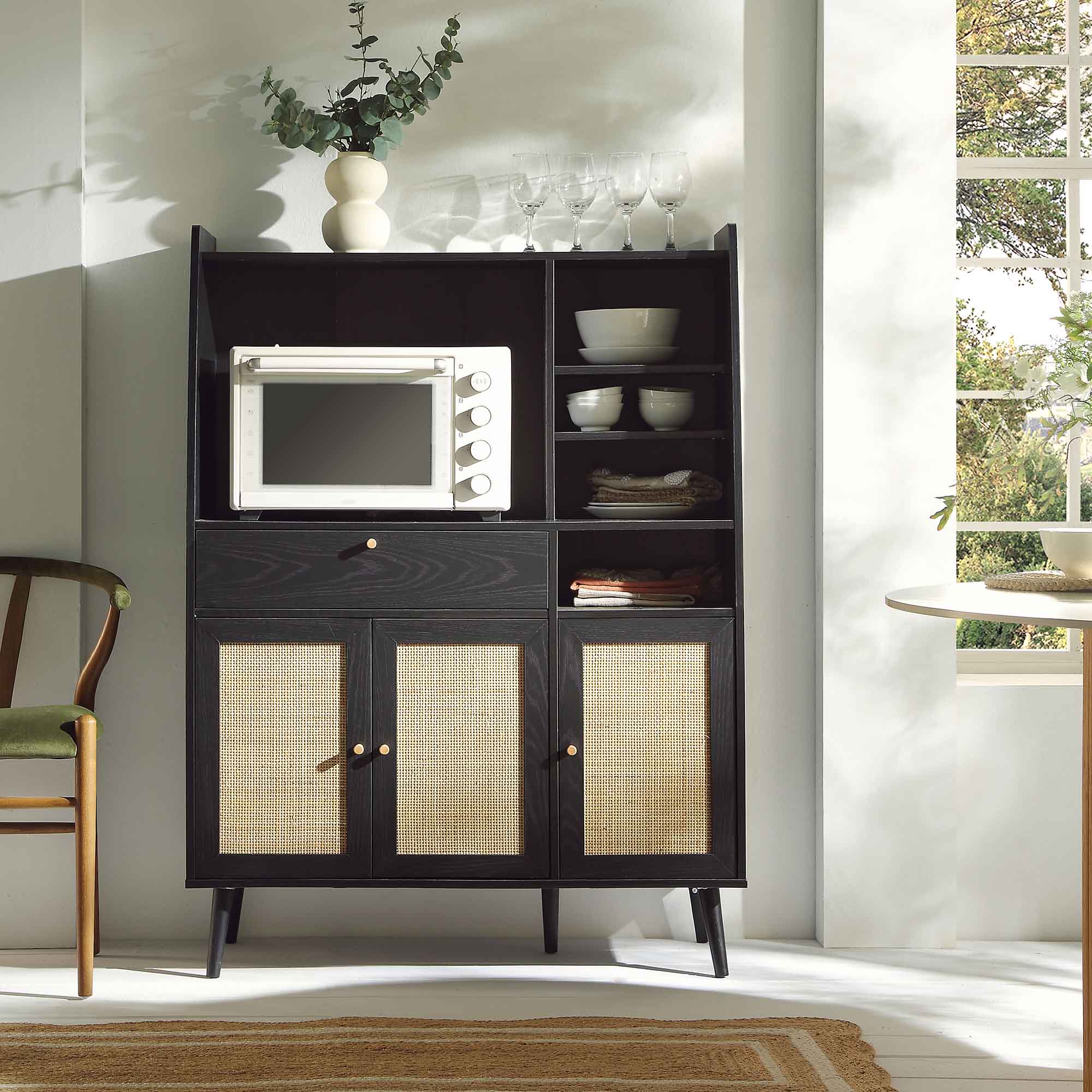 Frances Woven Rattan Kitchen Cabinet, Black - Image 2