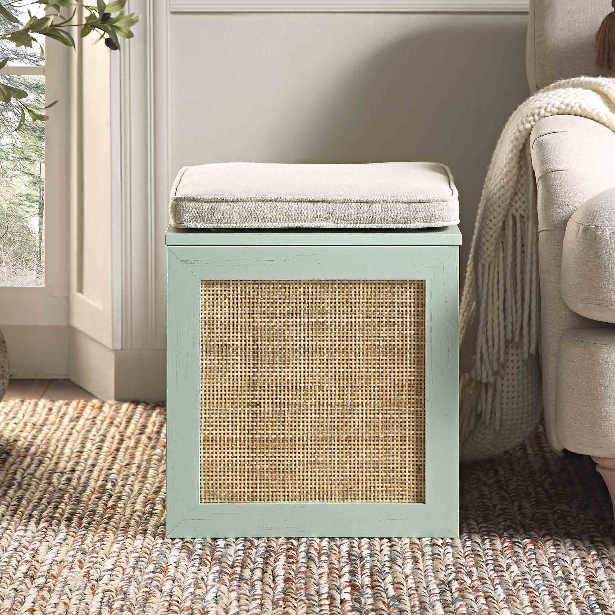 Frances Woven Rattan Single Storage Stool with Cushion, Mint - Image 2