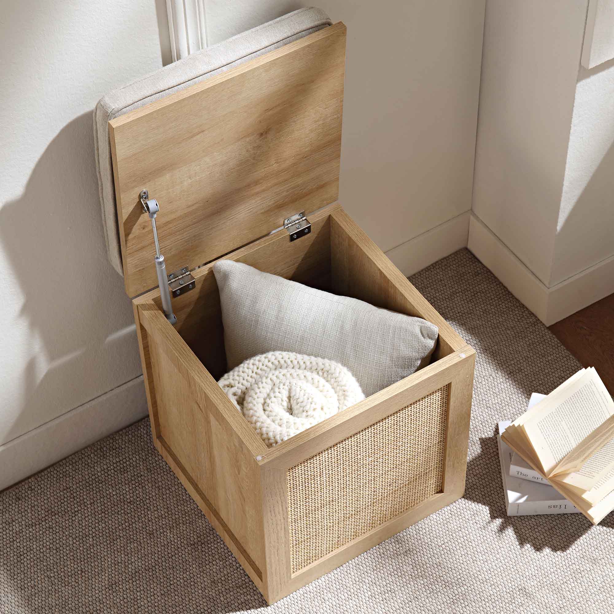 Frances Woven Rattan Single Storage Stool with Cushion, Natural - Image 2