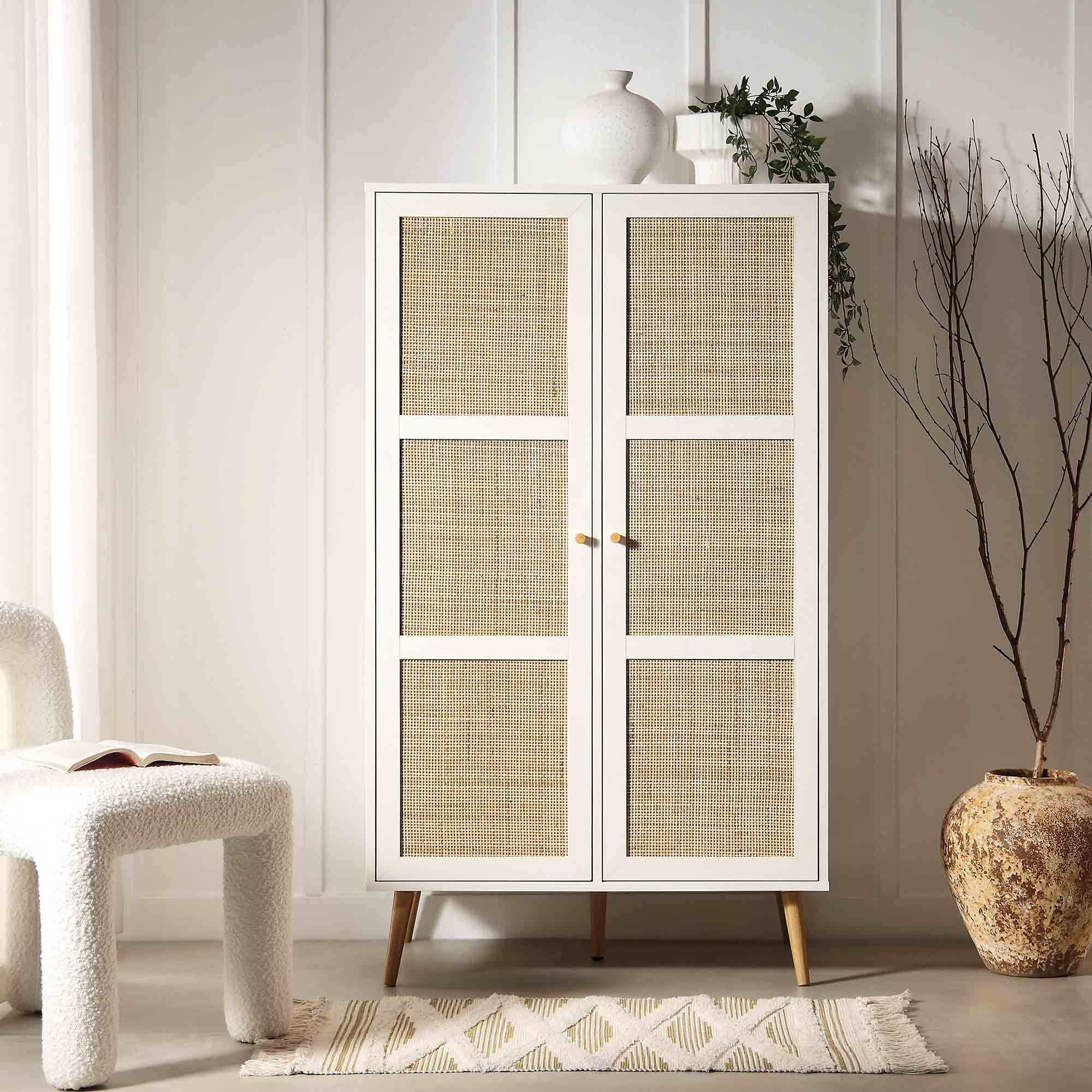 Frances Woven Rattan Compact Double Wardrobe, White - Image 2