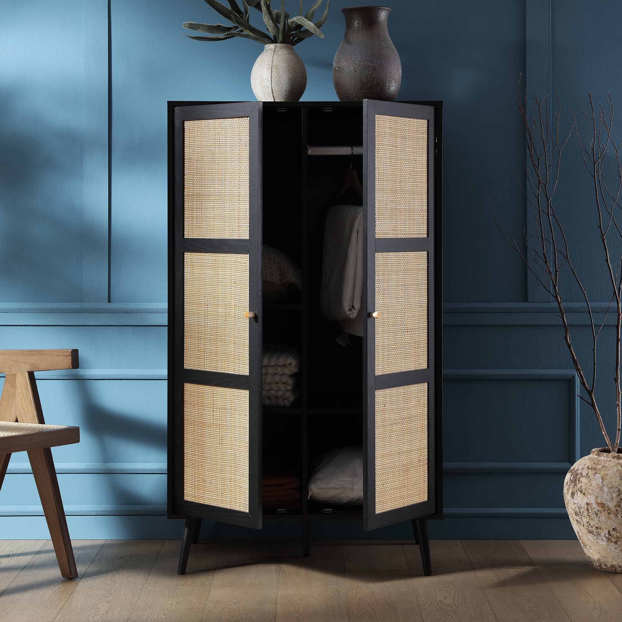 Frances Woven Rattan Compact Double Wardrobe, Black - Image 3