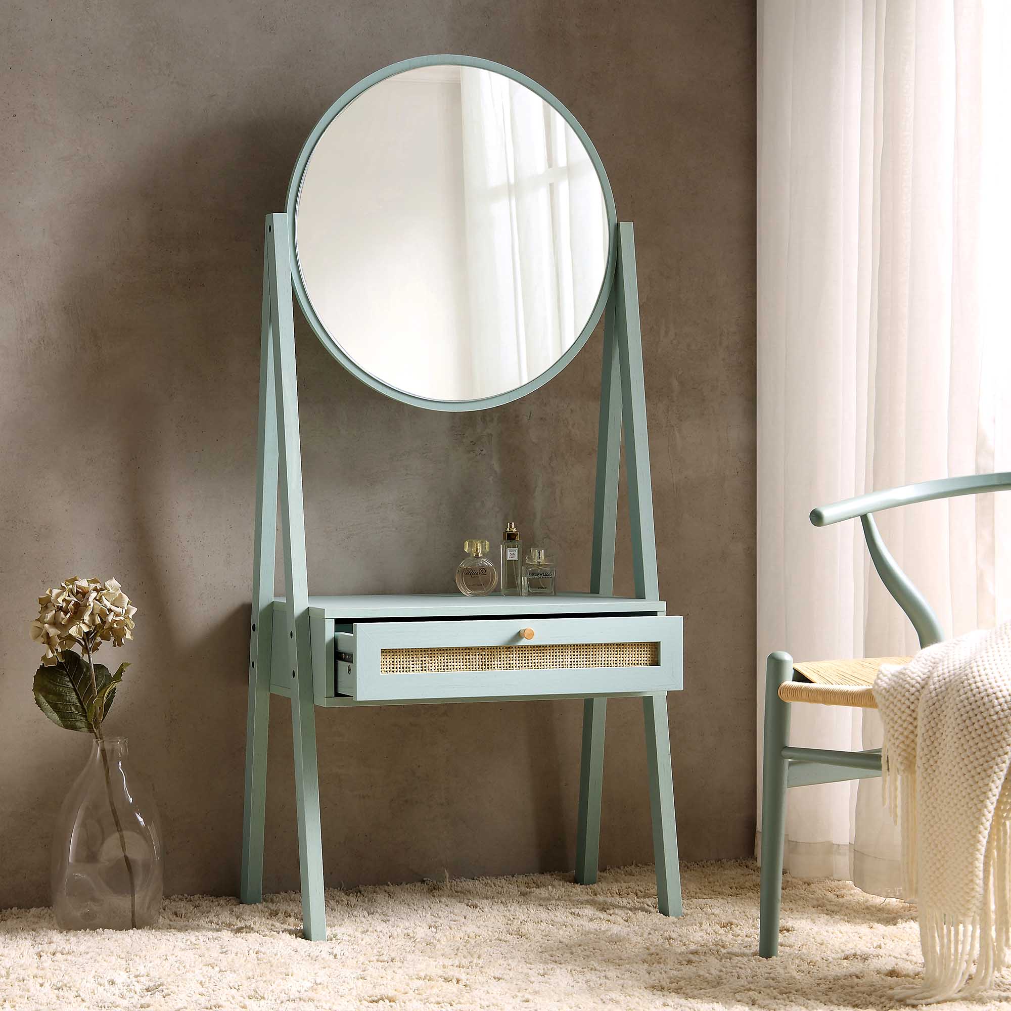 Frances Woven Rattan Standing Dressing Table with Mirror, Mint - Image 3