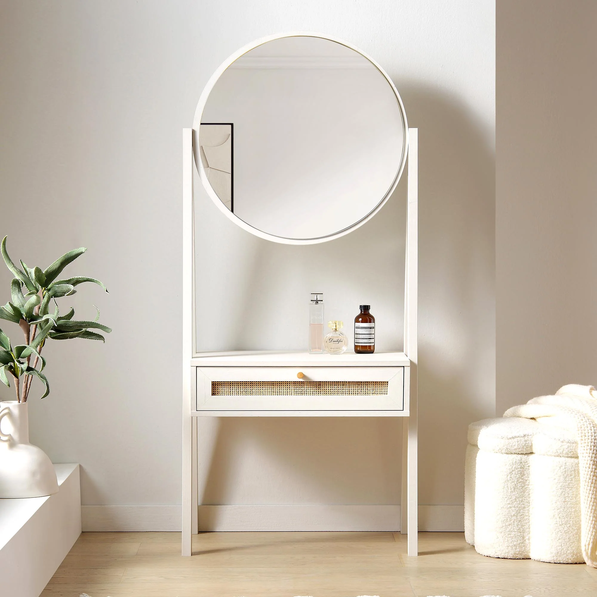 Frances Woven Rattan Standing Dressing Table with Mirror, White - Image 2