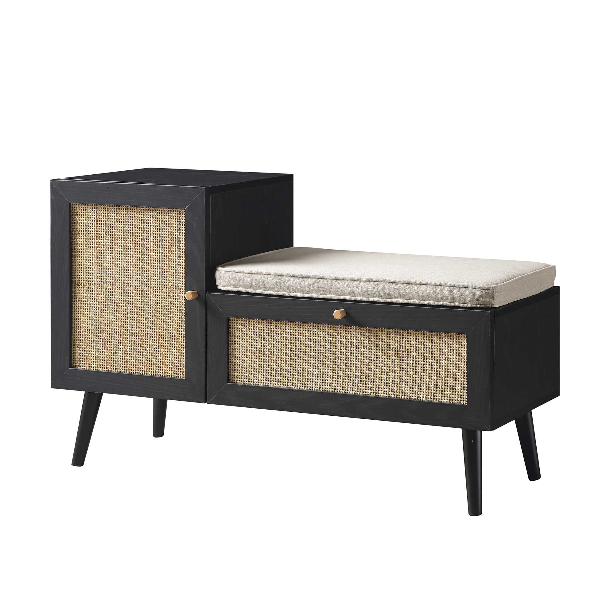 Frances Woven Rattan Storage Bench with Cushion, Black - Image 5