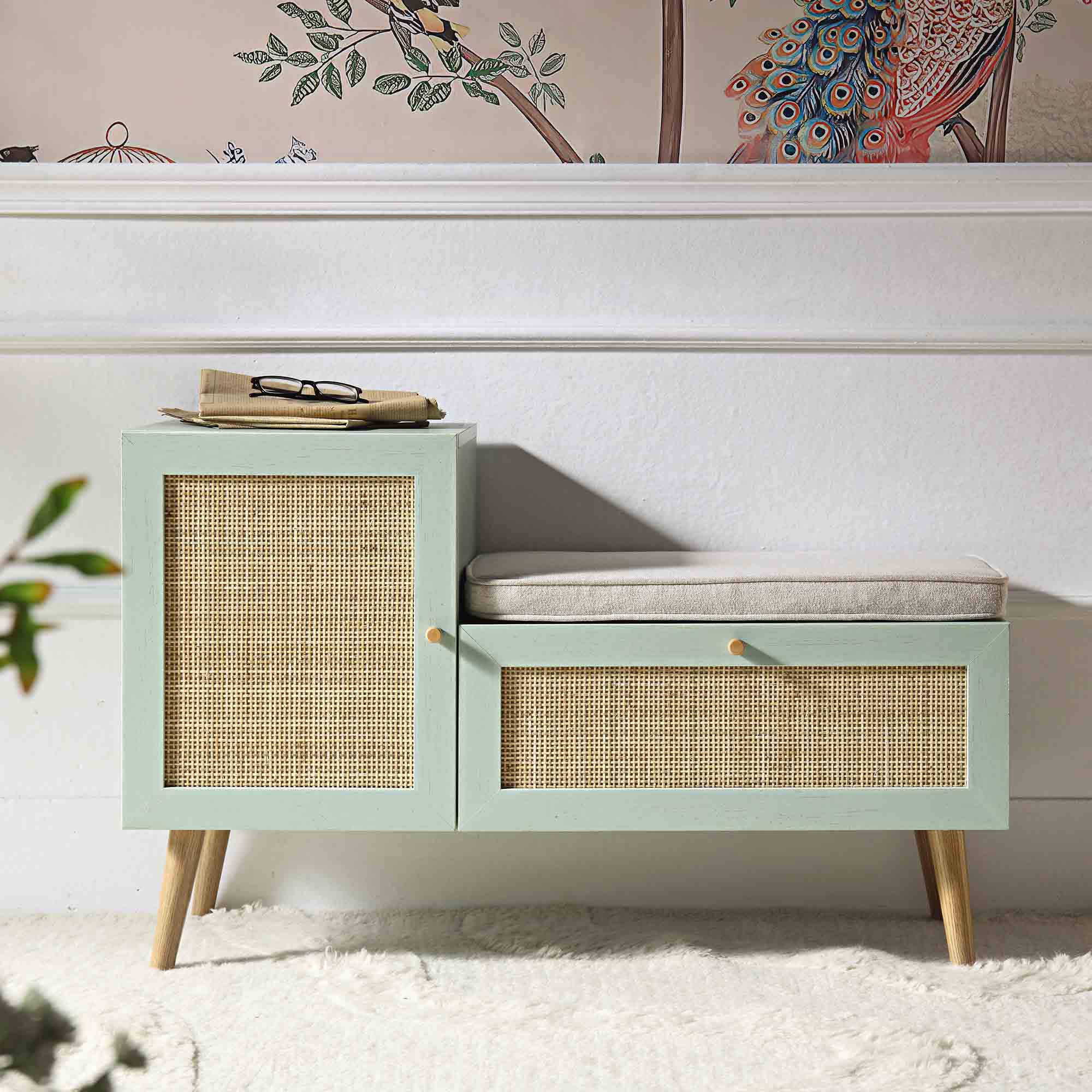 Frances Woven Rattan Storage Bench with Cushion, Mint - Image 2