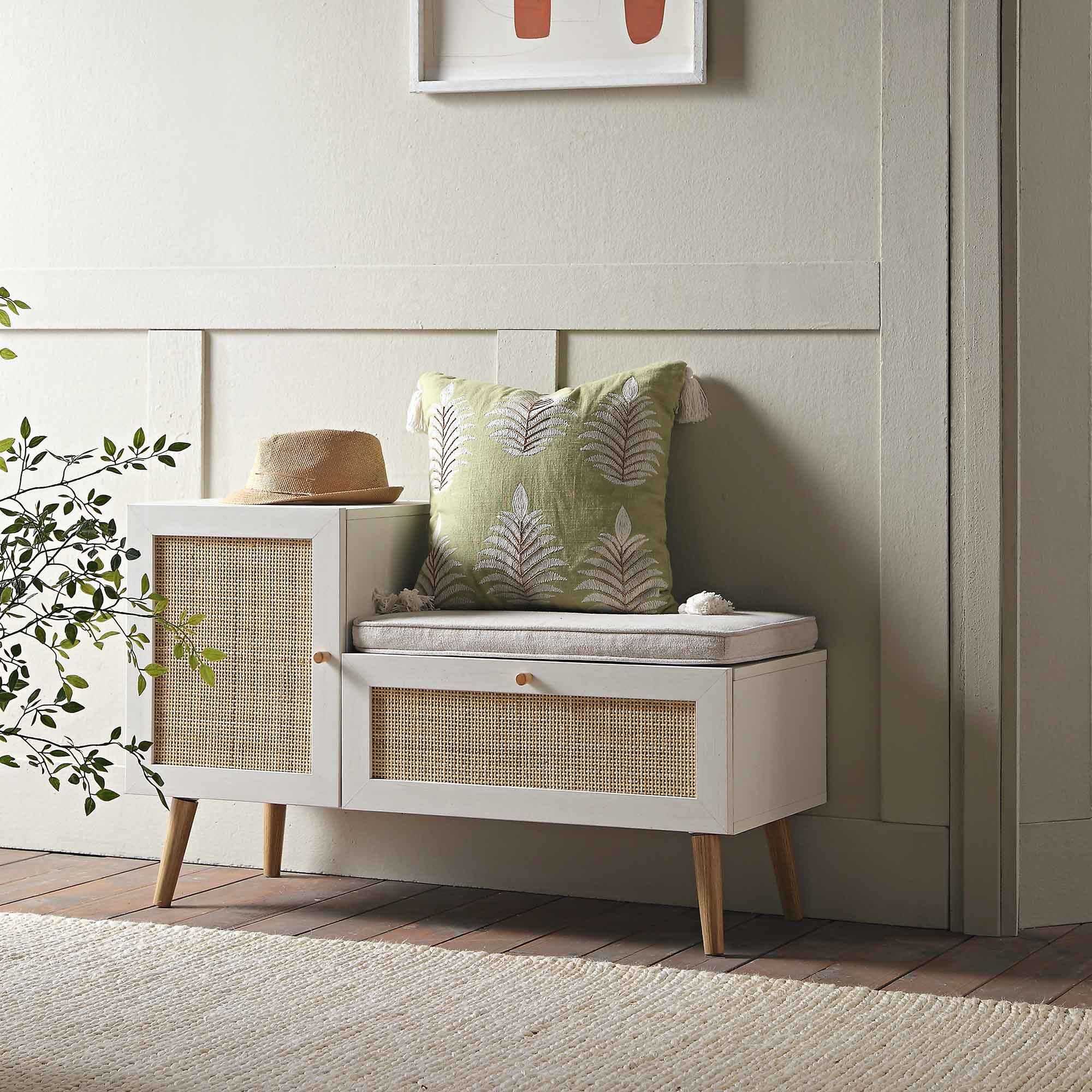 Frances Woven Rattan Storage Bench with Cushion, White - Image 3