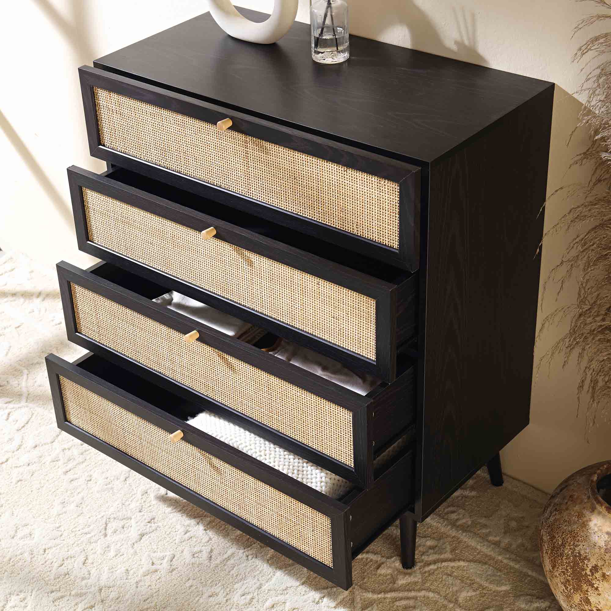 Frances Woven Rattan Tall Chest of 4 Drawers, Black - Image 3
