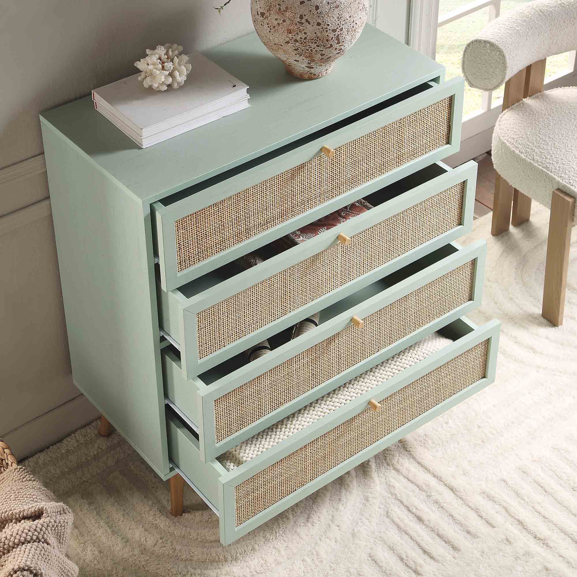 Frances Woven Rattan Tall Chest of 4 Drawers, Mint - Image 3
