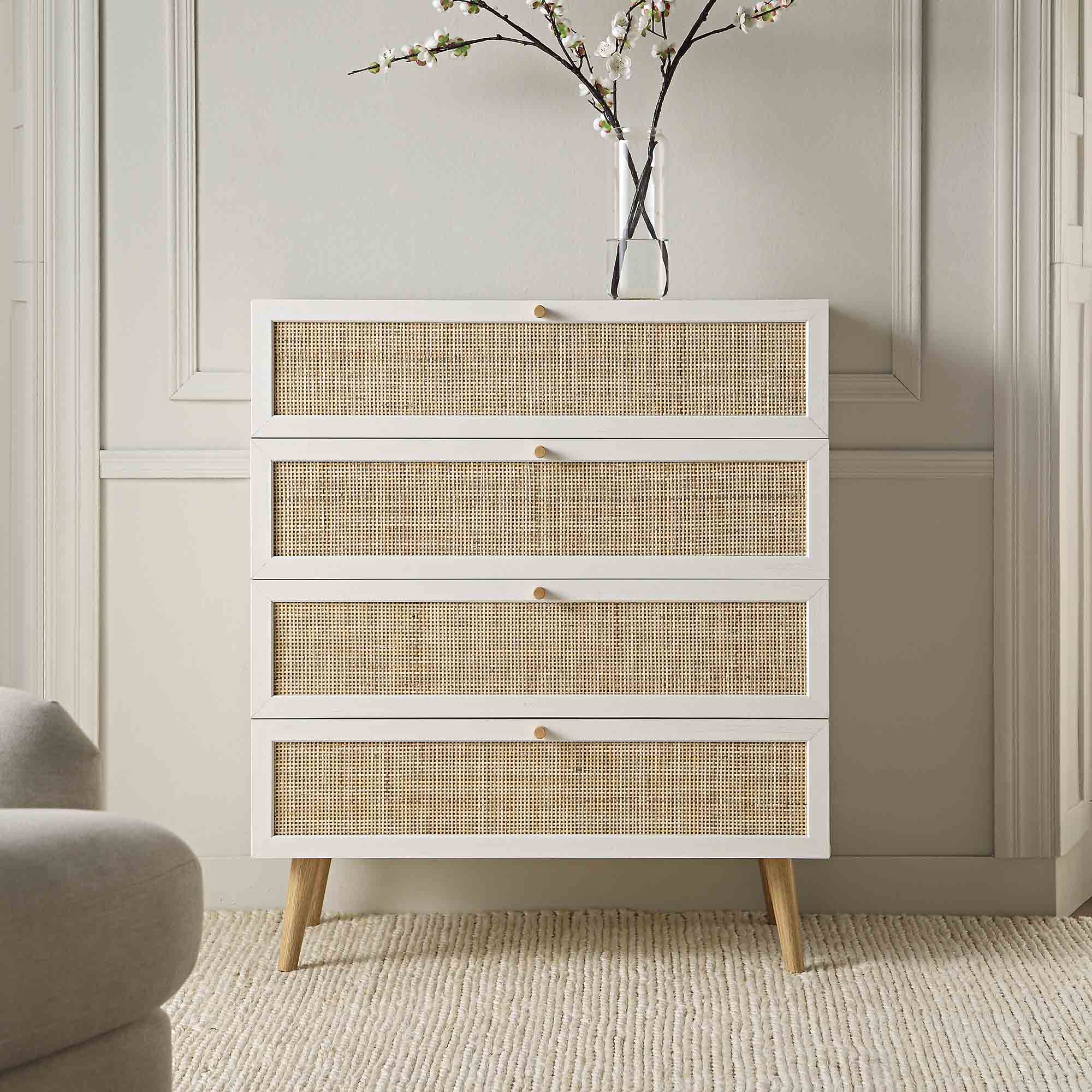 Frances Woven Rattan Tall Chest of 4 Drawers, White - Image 2
