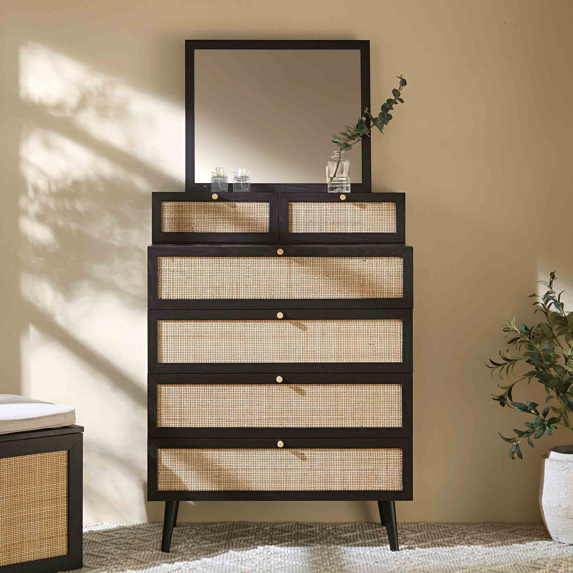Frances Woven Rattan Tall Vanity Chest with Mirror, Black - Image 2