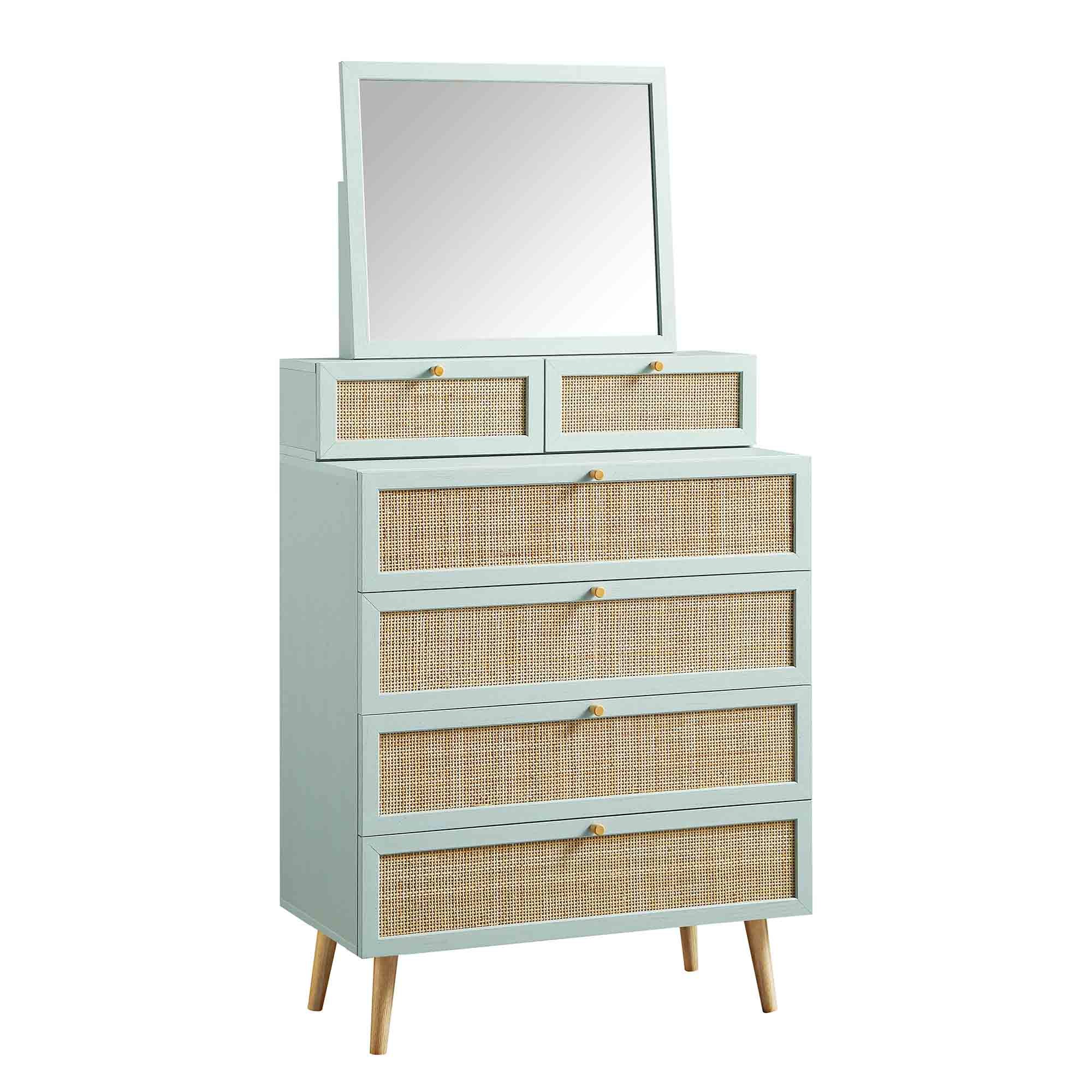 Frances Woven Rattan Tall Vanity Chest with Mirror, Mint - Image 5