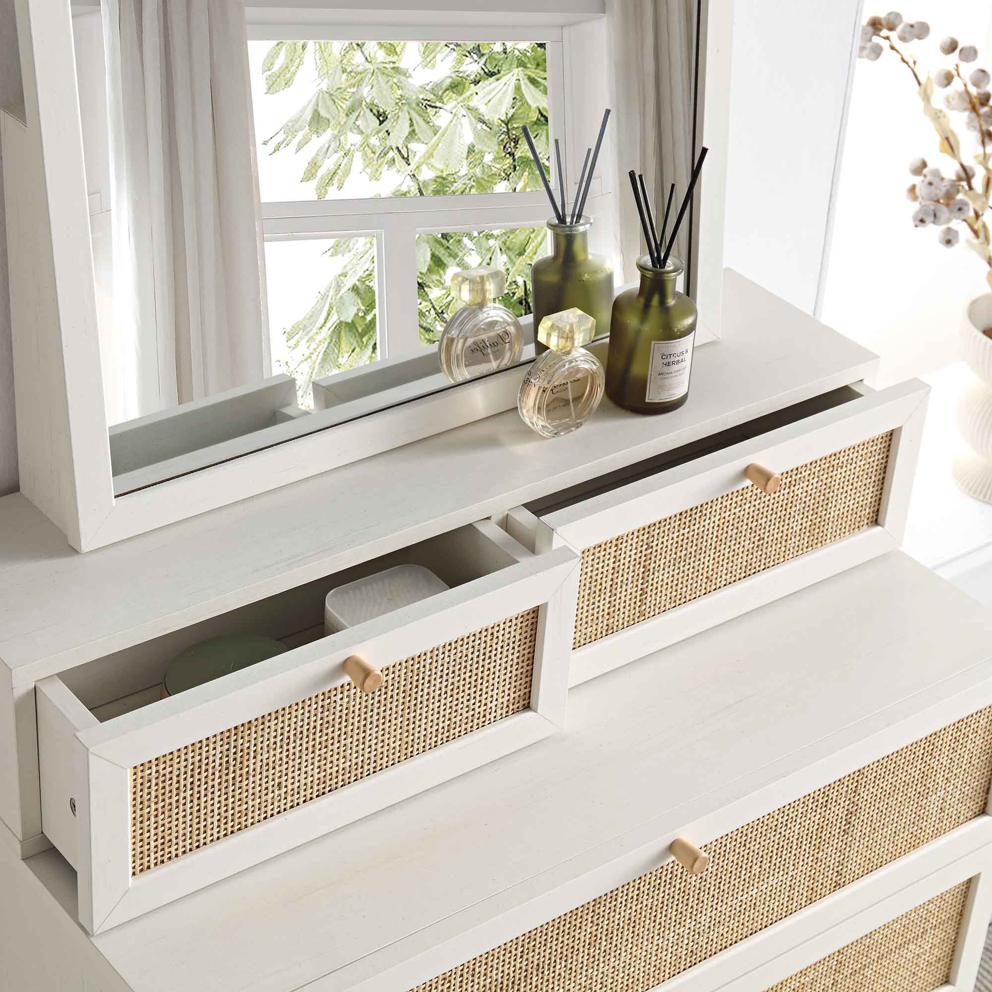 Frances Woven Rattan Tall Vanity Chest with Mirror, White - Image 3