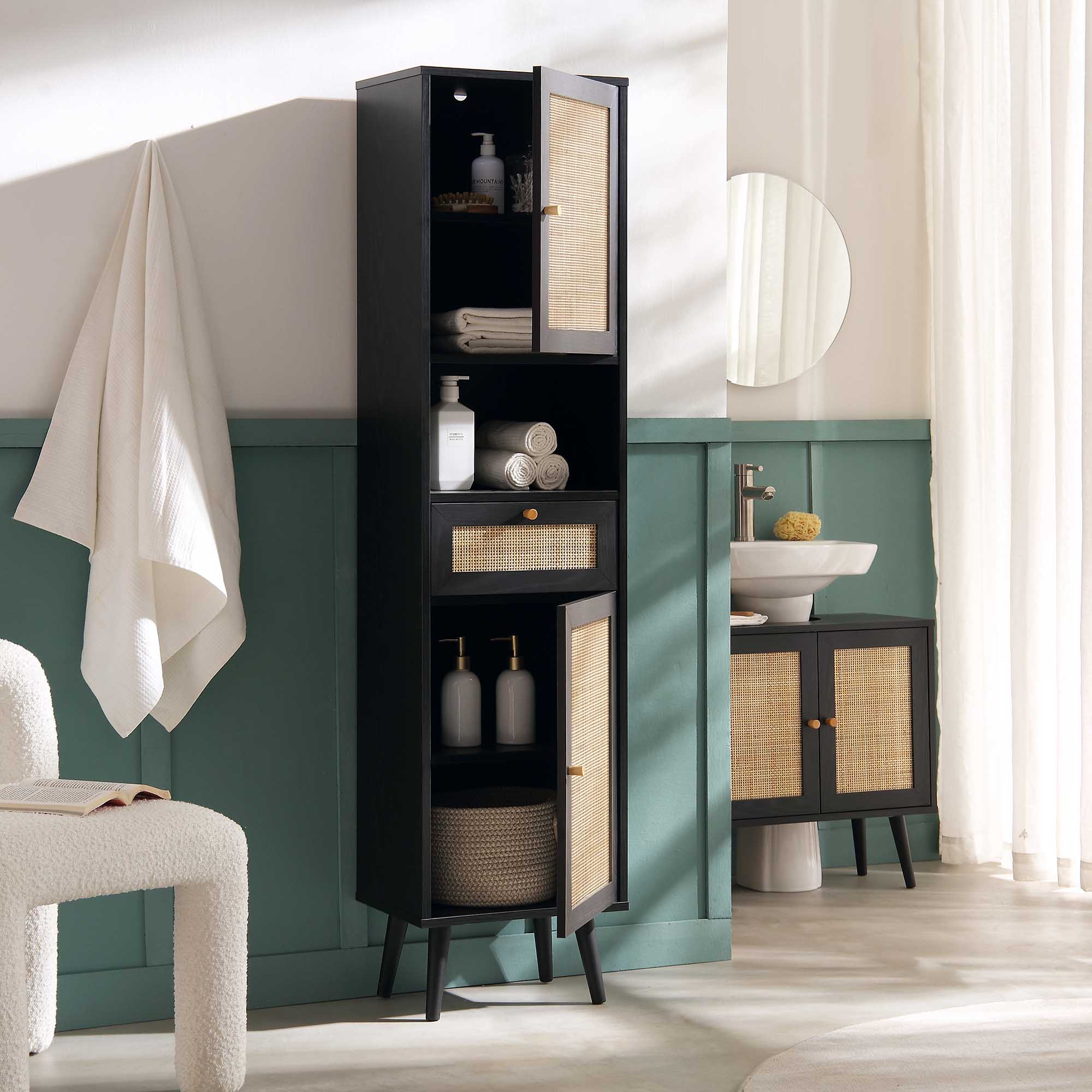 Frances Woven Rattan Tallboy Bathroom Unit, Black - Image 3