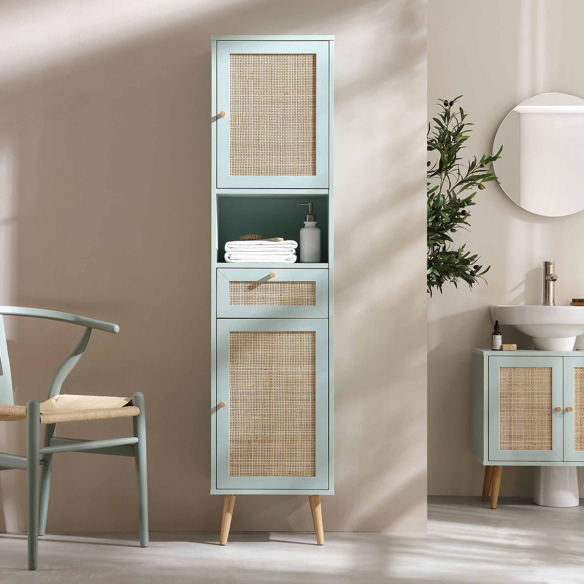 Frances Woven Rattan Tallboy Bathroom Unit, Mint Green - Image 2