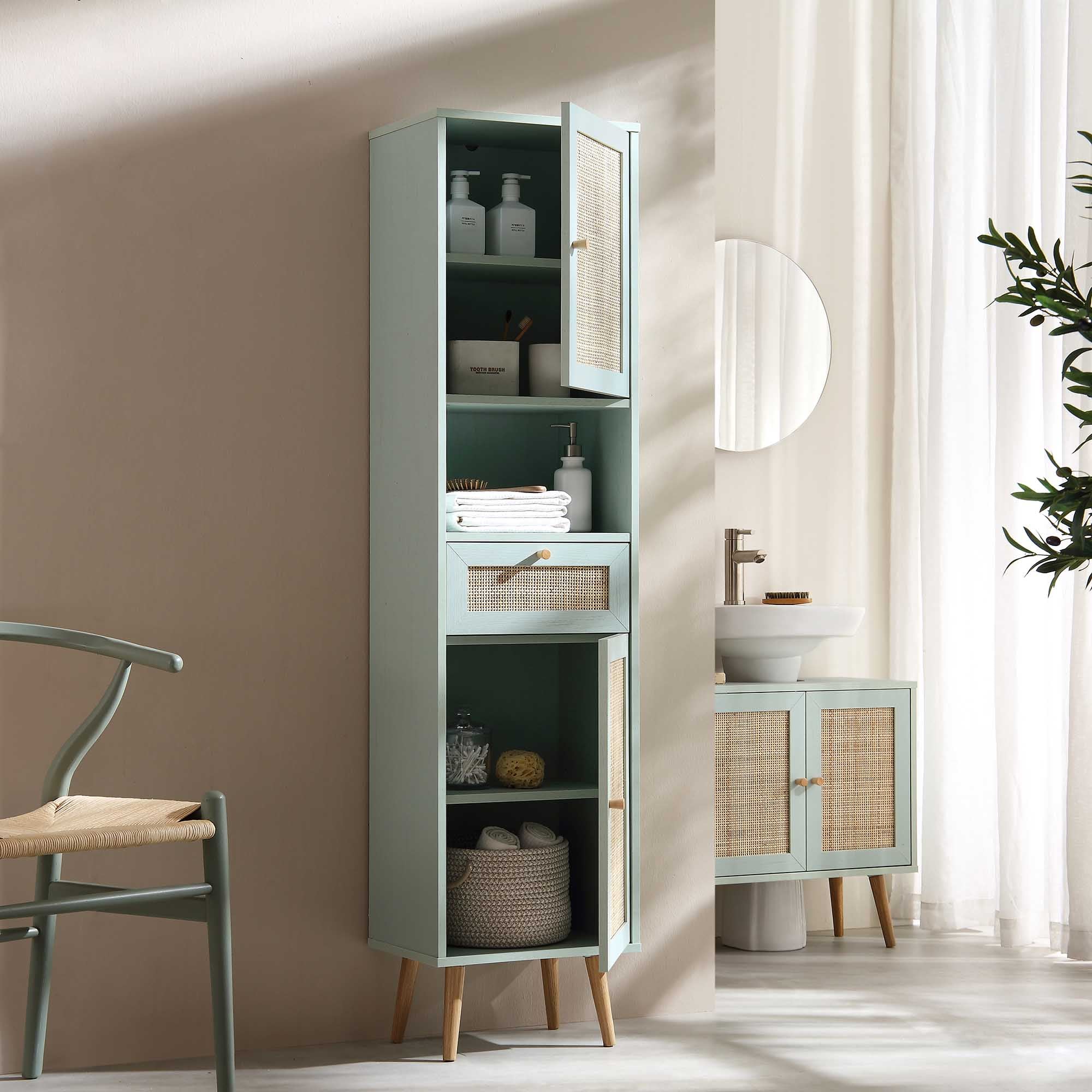 Frances Woven Rattan Tallboy Bathroom Unit, Mint Green - Image 3