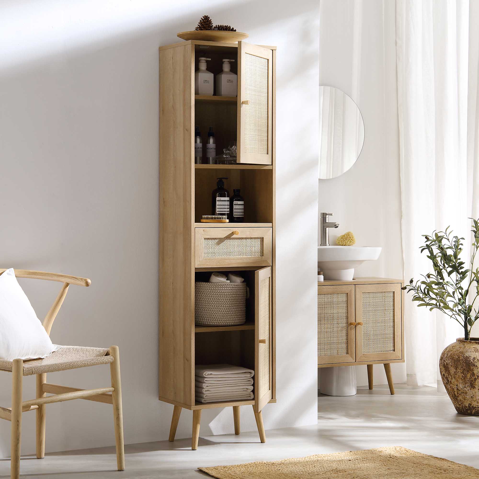 Frances Woven Rattan Tallboy Bathroom Unit, Natural - Image 3
