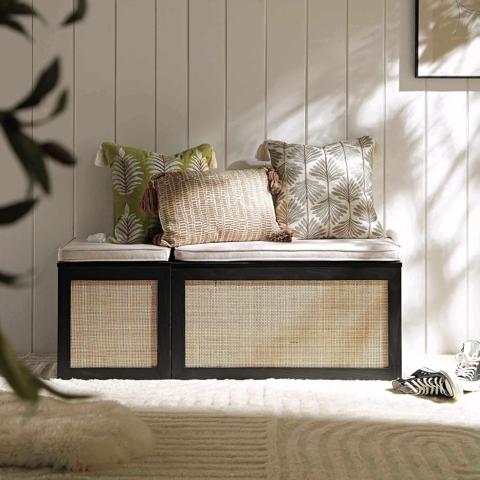 Frances Woven Rattan Triple Storage Stool Set with Cushion, Black - Image 2