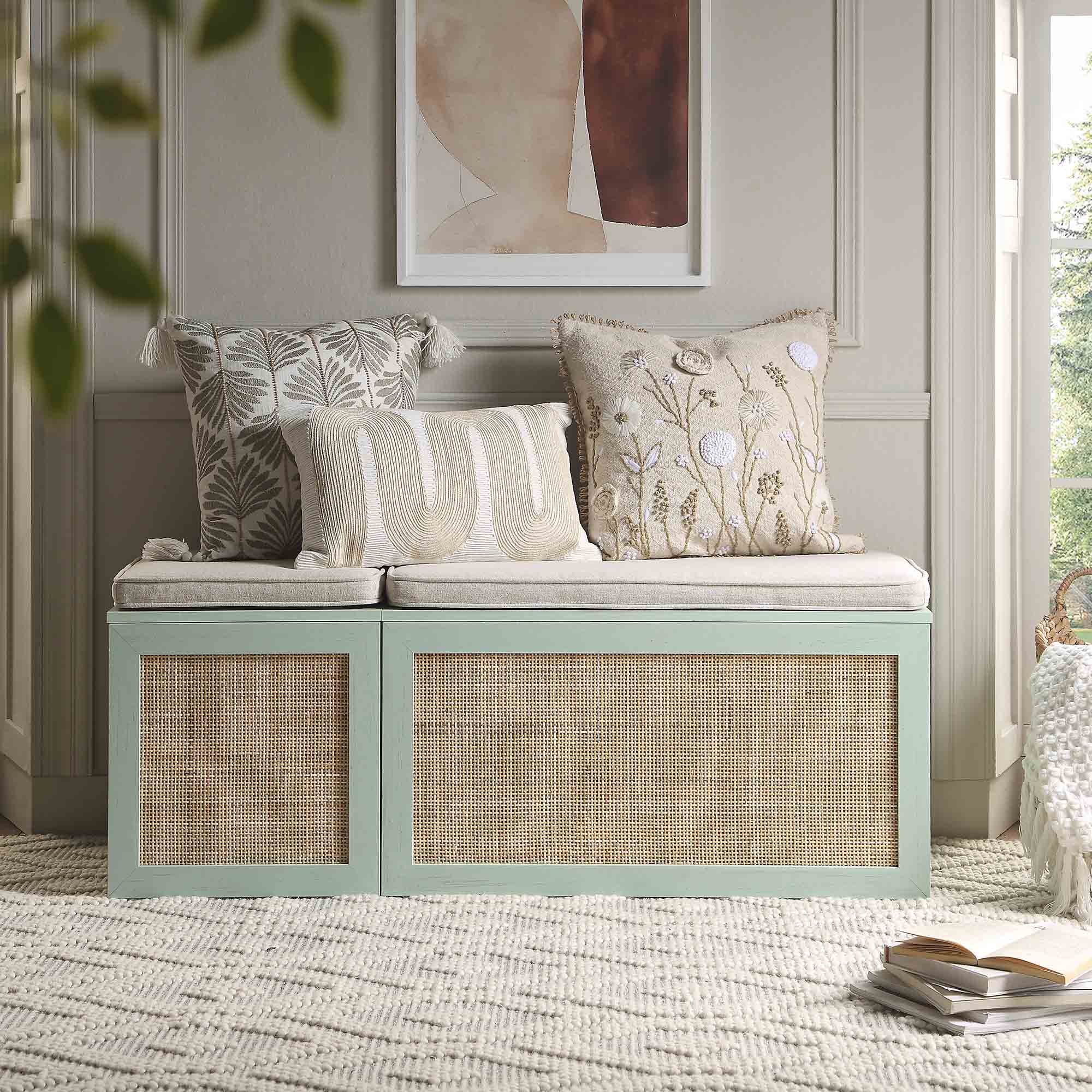 Frances Woven Rattan Triple Storage Stool Set with Cushion, Mint - Image 2