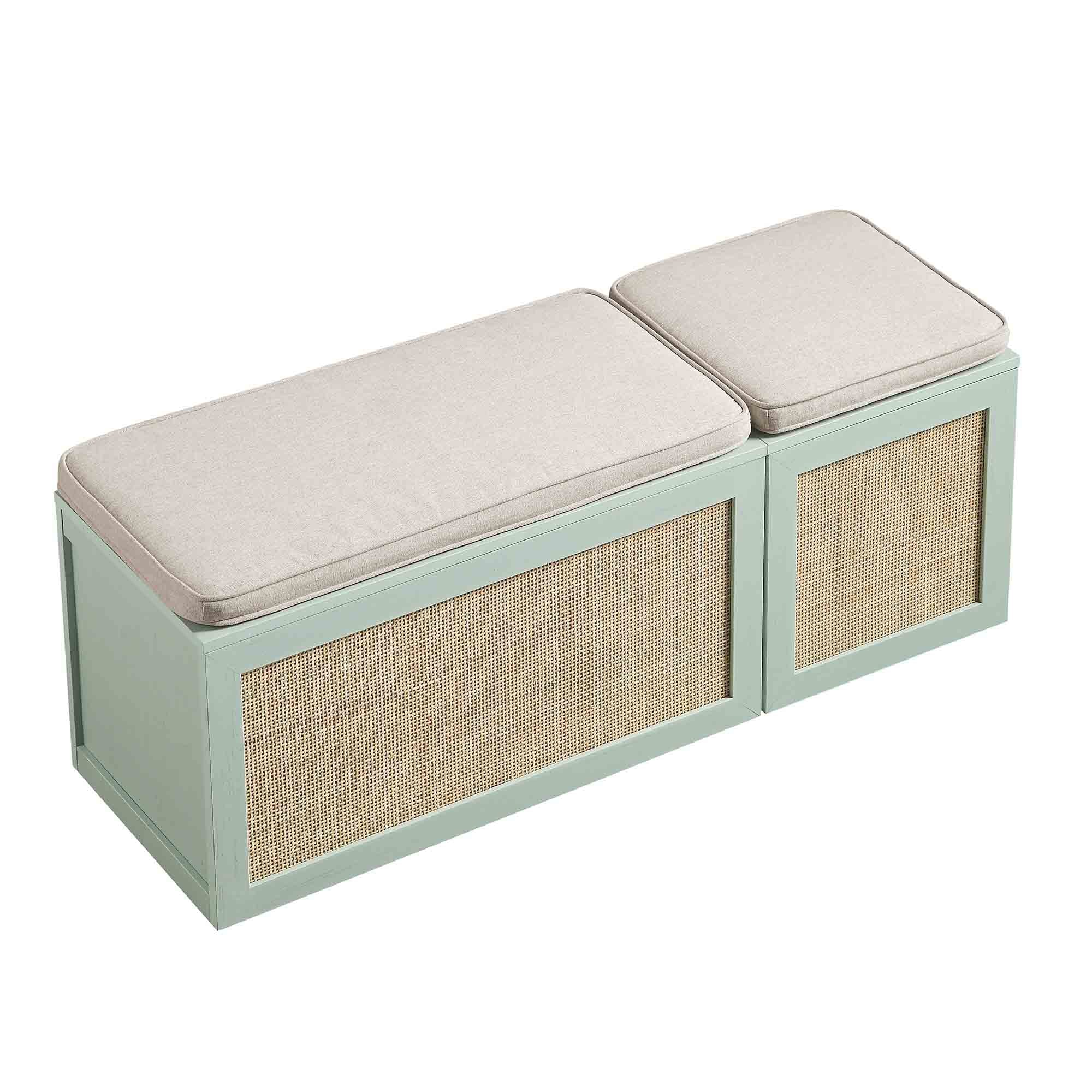 Frances Woven Rattan Triple Storage Stool Set with Cushion, Mint - Image 7