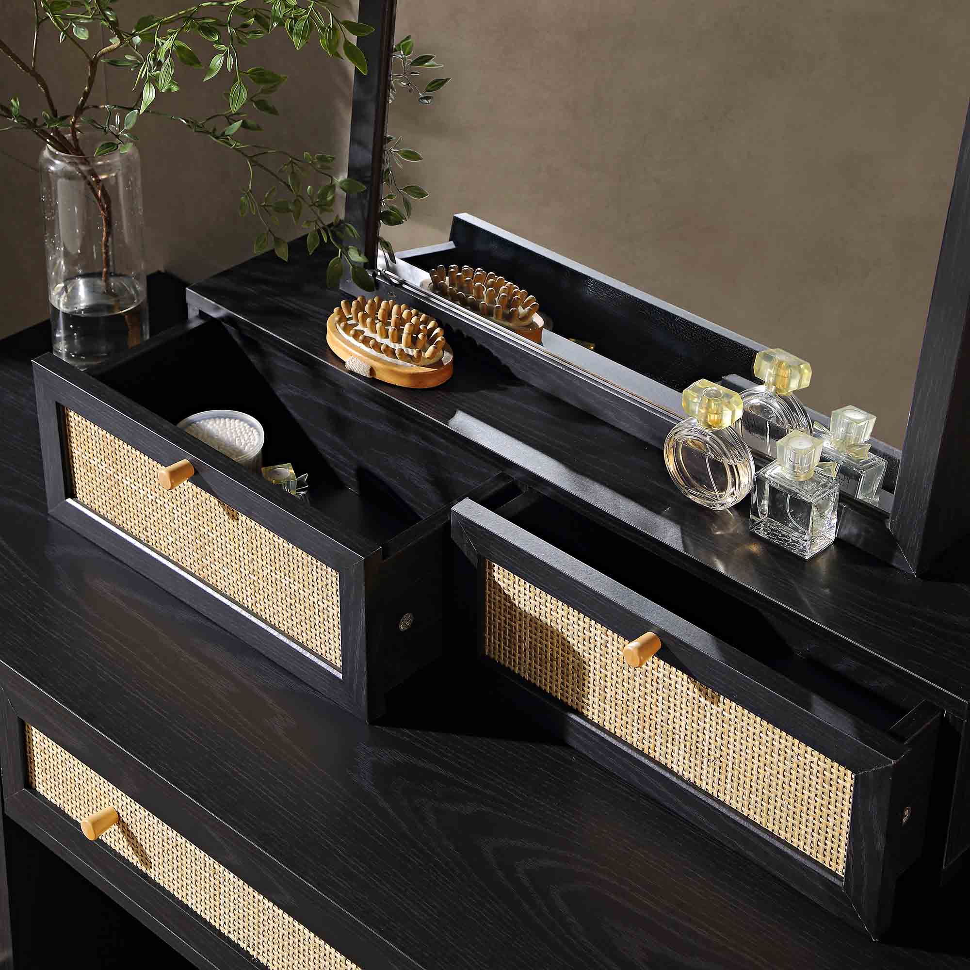 Frances Woven Rattan Vanity Mirror, Black - Image 3