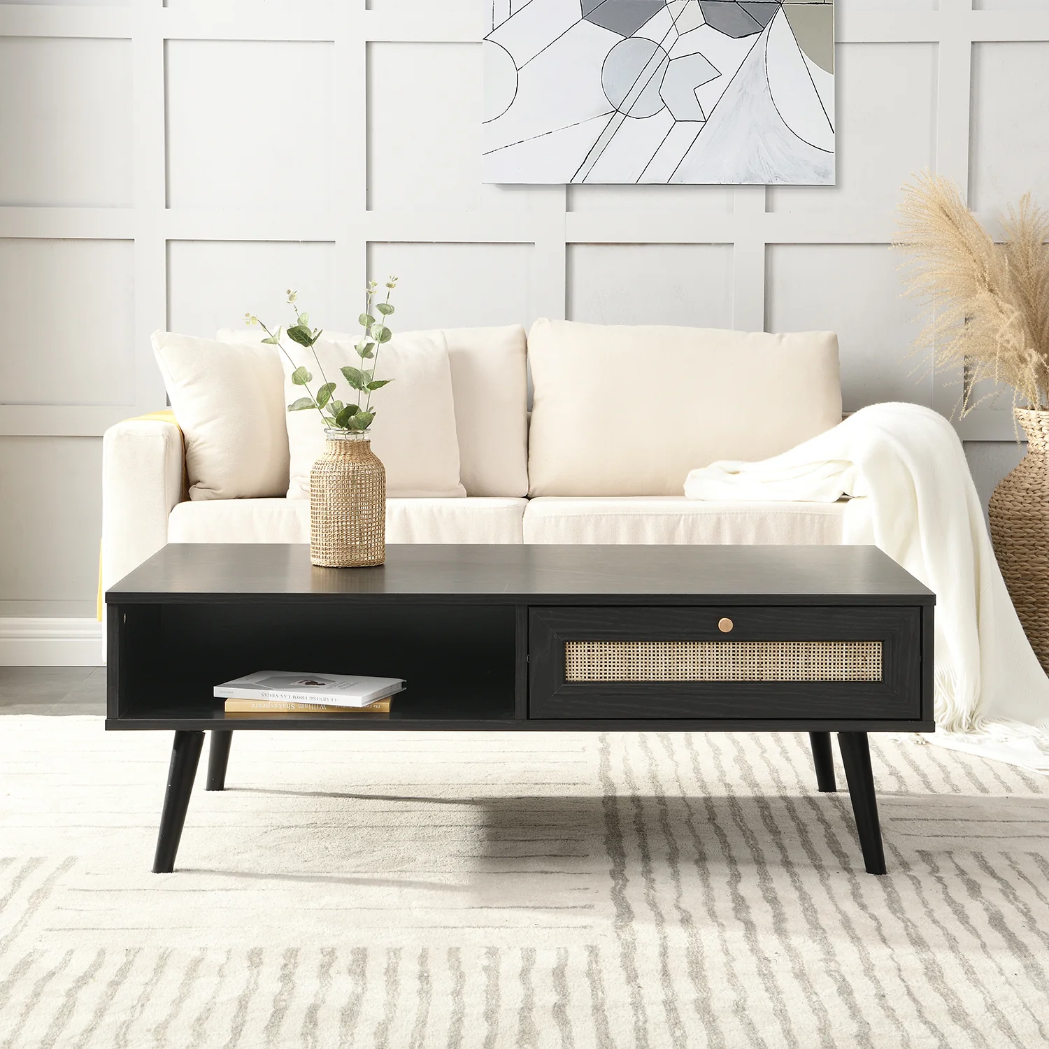 Frances Woven Rattan Wooden Coffee Table in Black Colour - Image 2