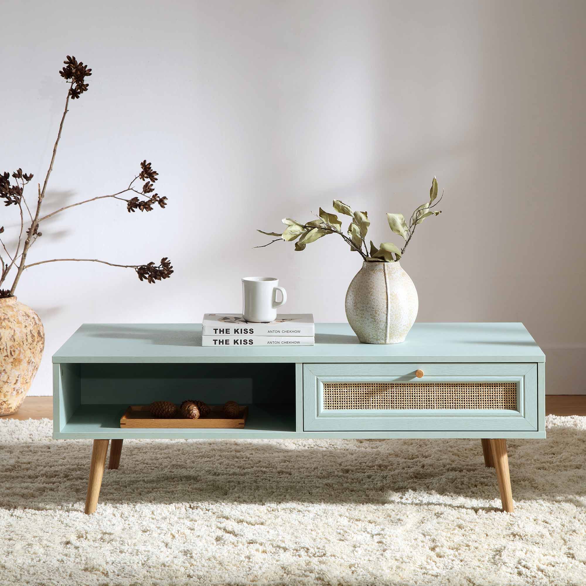 Frances Woven Rattan Wooden Coffee Table in Mint - Image 2