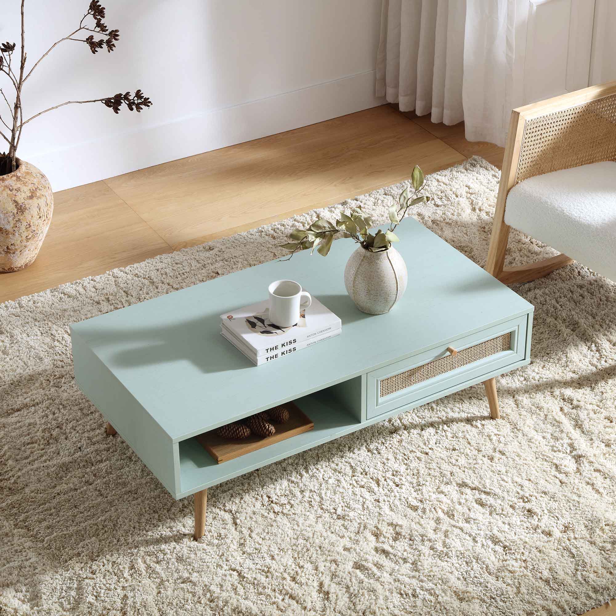 Frances Woven Rattan Wooden Coffee Table in Mint - Image 3