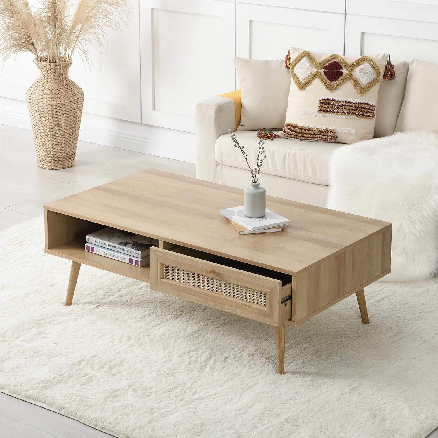 Frances Woven Rattan Wooden Coffee Table in Natural Colour - Image 2