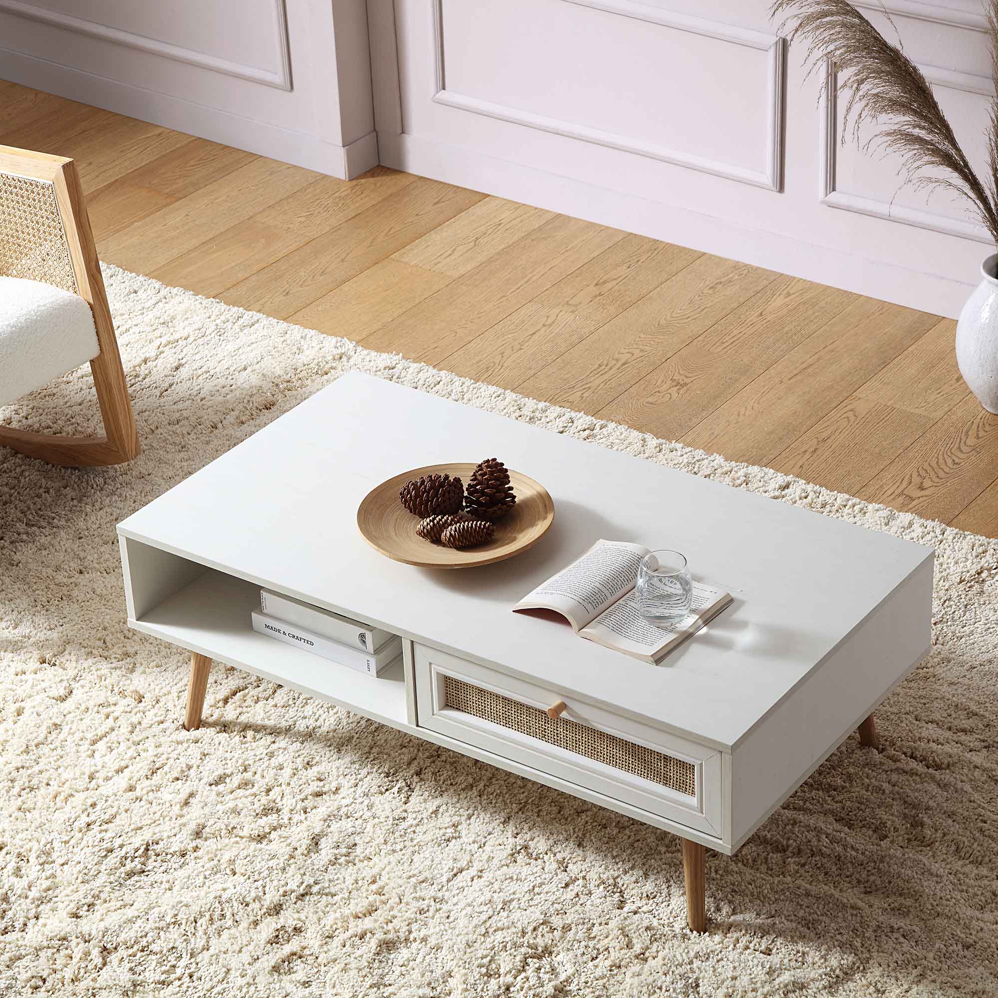 Frances Woven Rattan Wooden Coffee Table in White - Image 2