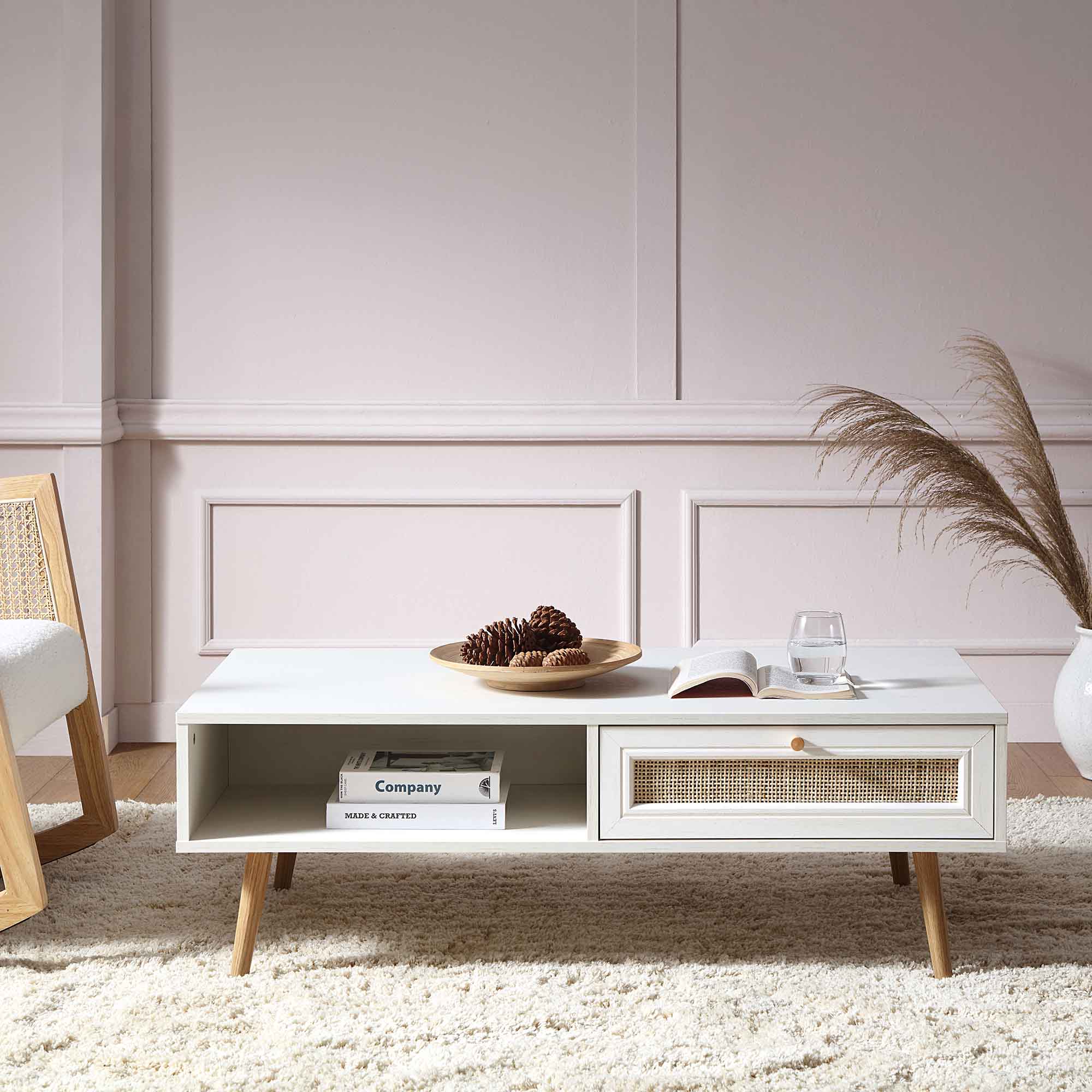 Frances Woven Rattan Wooden Coffee Table in White - Image 3